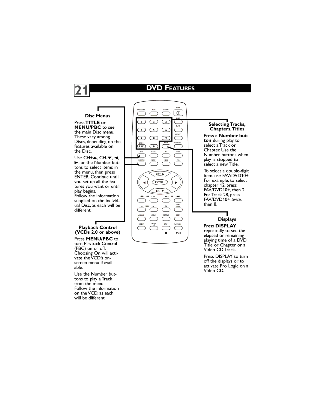 Philips 20DV6942/37 user manual DVD Features, Disc Menus, Playback Control VCDs 2.0 or above, Displays 