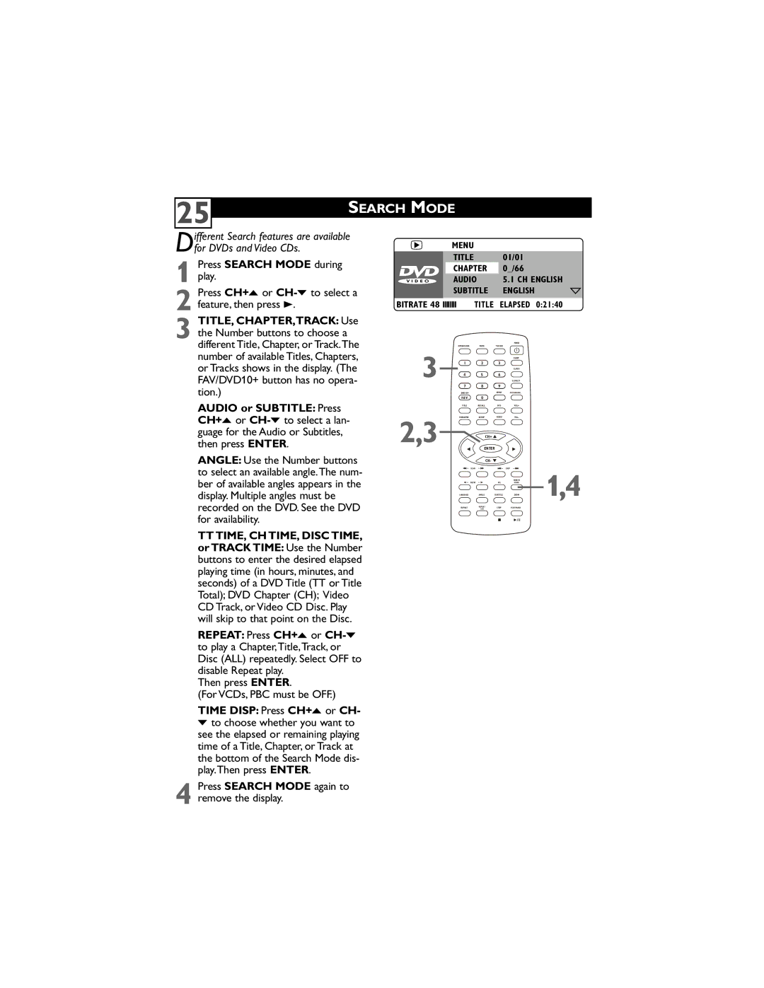 Philips 20DV6942/37 user manual Search Mode, TITLE, CHAPTER,TRACK Use, Time Disp Press CH+o or CH 