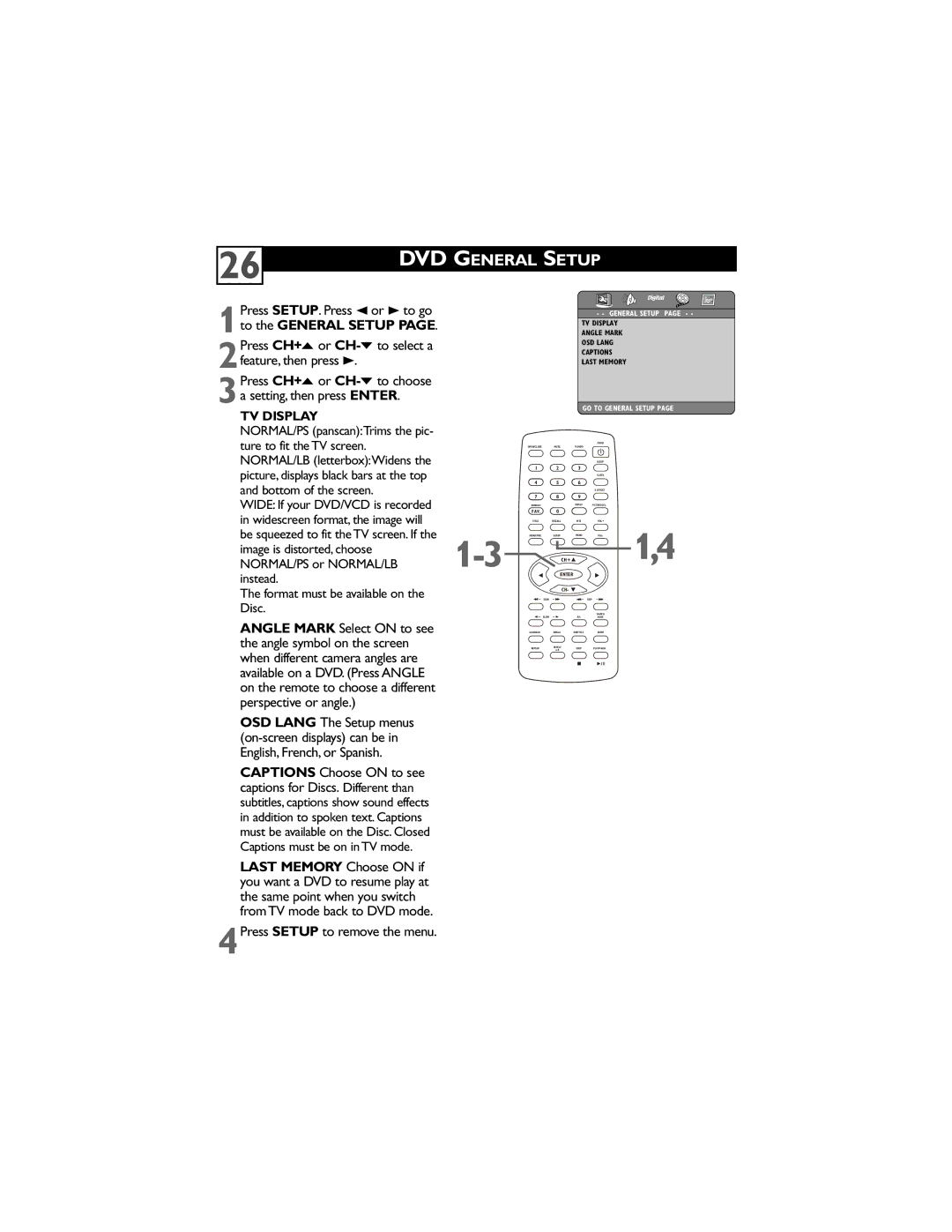 Philips 20DV6942/37 user manual DVD General Setup, Press SETUP. Press 2 or 3 to go, 4Press Setup to remove the menu 