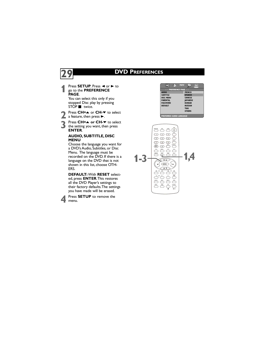 Philips 20DV6942/37 user manual DVD Preferences, DVD’s Audio, Subtitles, or Disc, Menu. The language must be 