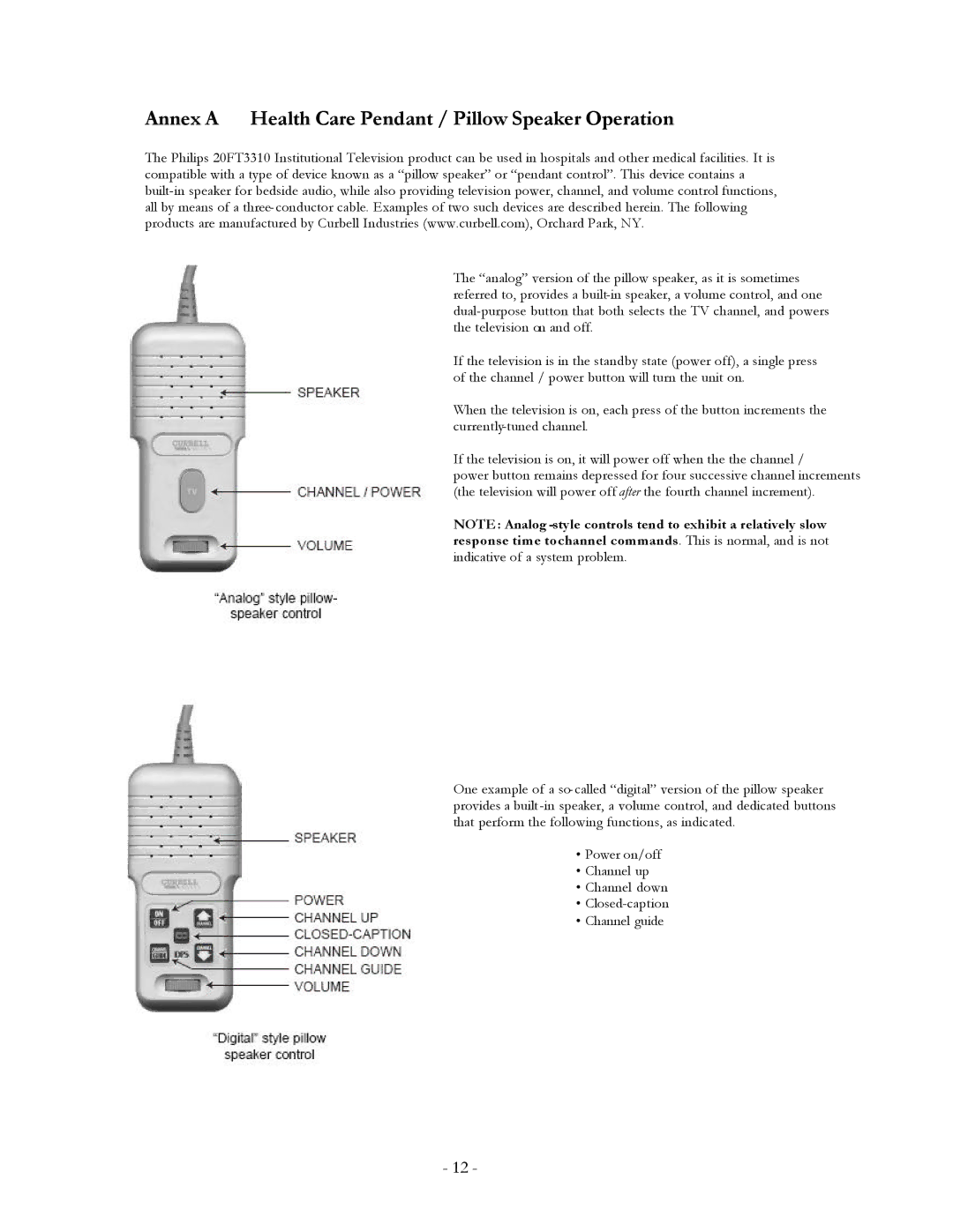 Philips 20FT3310/37 user manual Annex a Health Care Pendant / Pillow Speaker Operation 