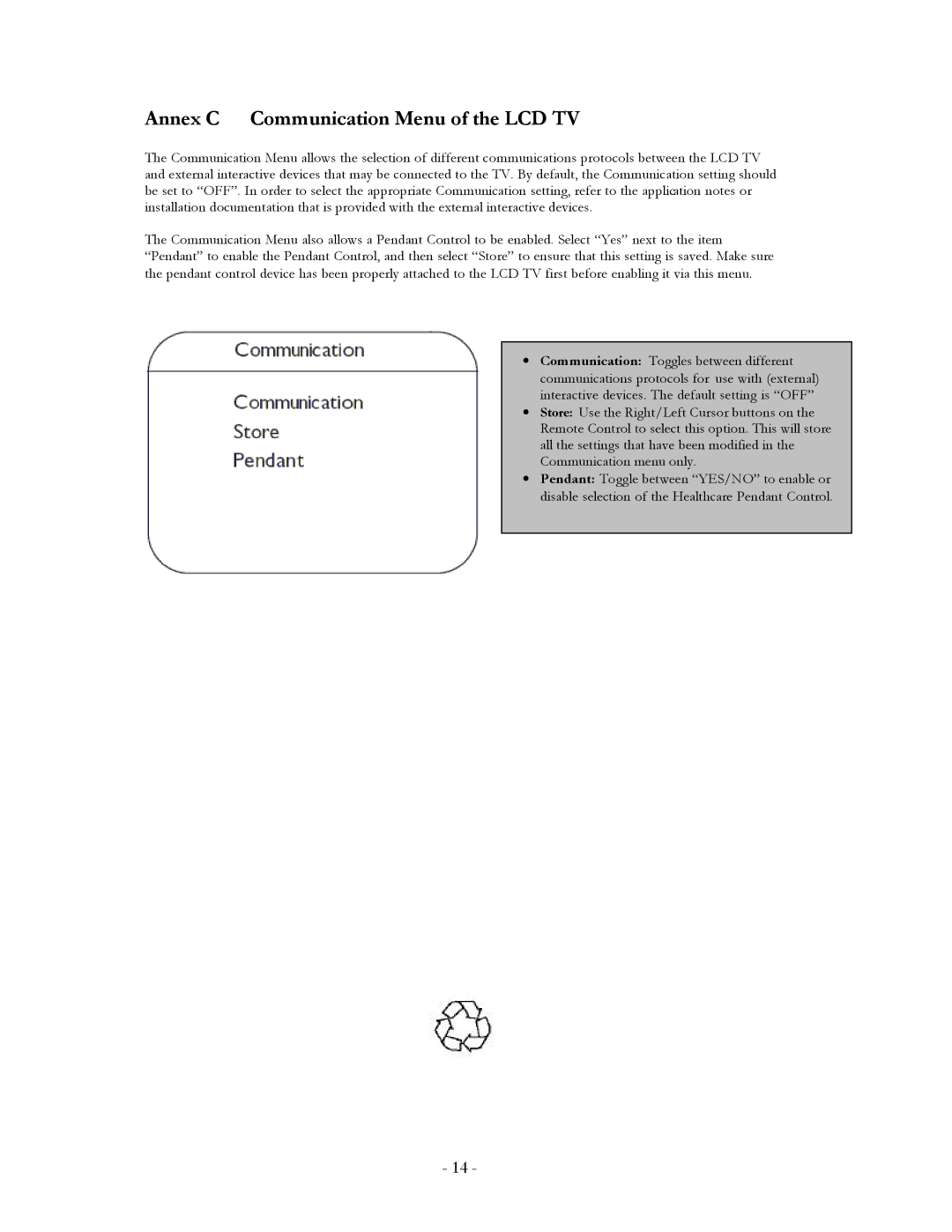 Philips 20FT3310/37 user manual Annex C Communication Menu of the LCD TV 