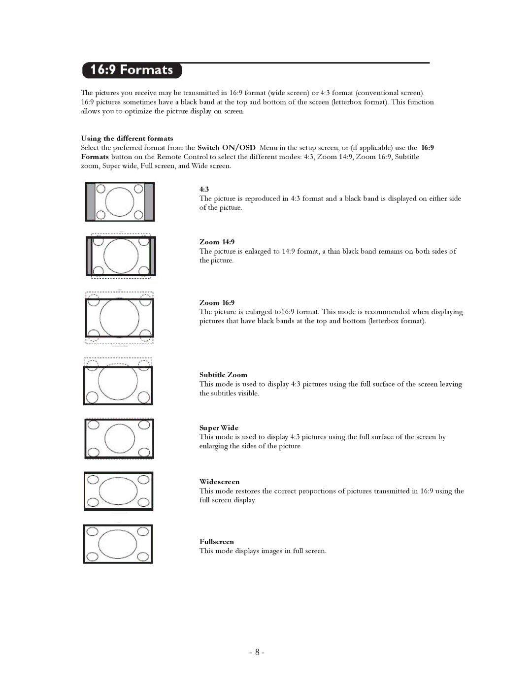 Philips 20FT3310/37 user manual Using the different formats, Subtitle Zoom, Super Wide, Widescreen, Fullscreen 