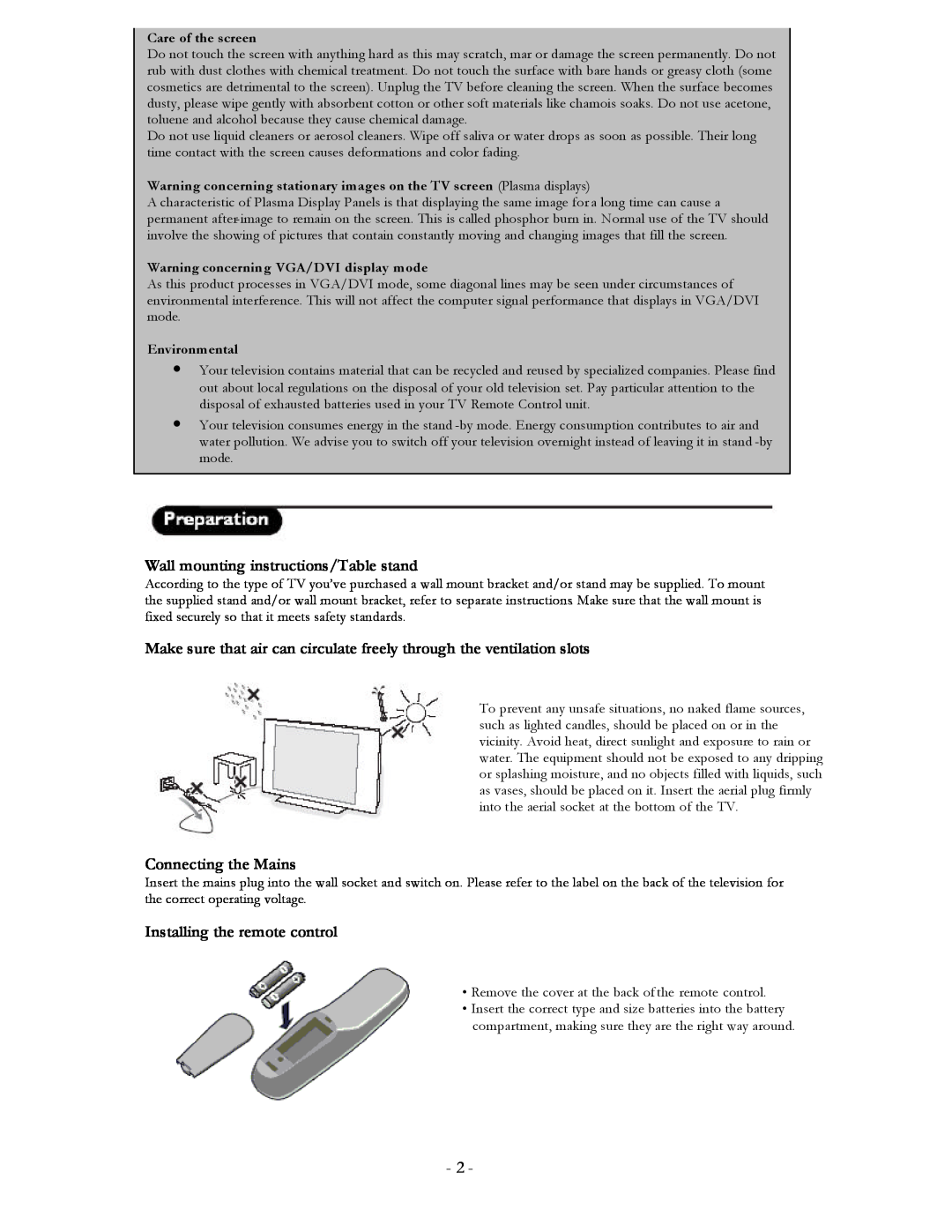 Philips 20FT3310/37 user manual Wall mounting instructions/Table stand, Connecting the Mains, Installing the remote control 