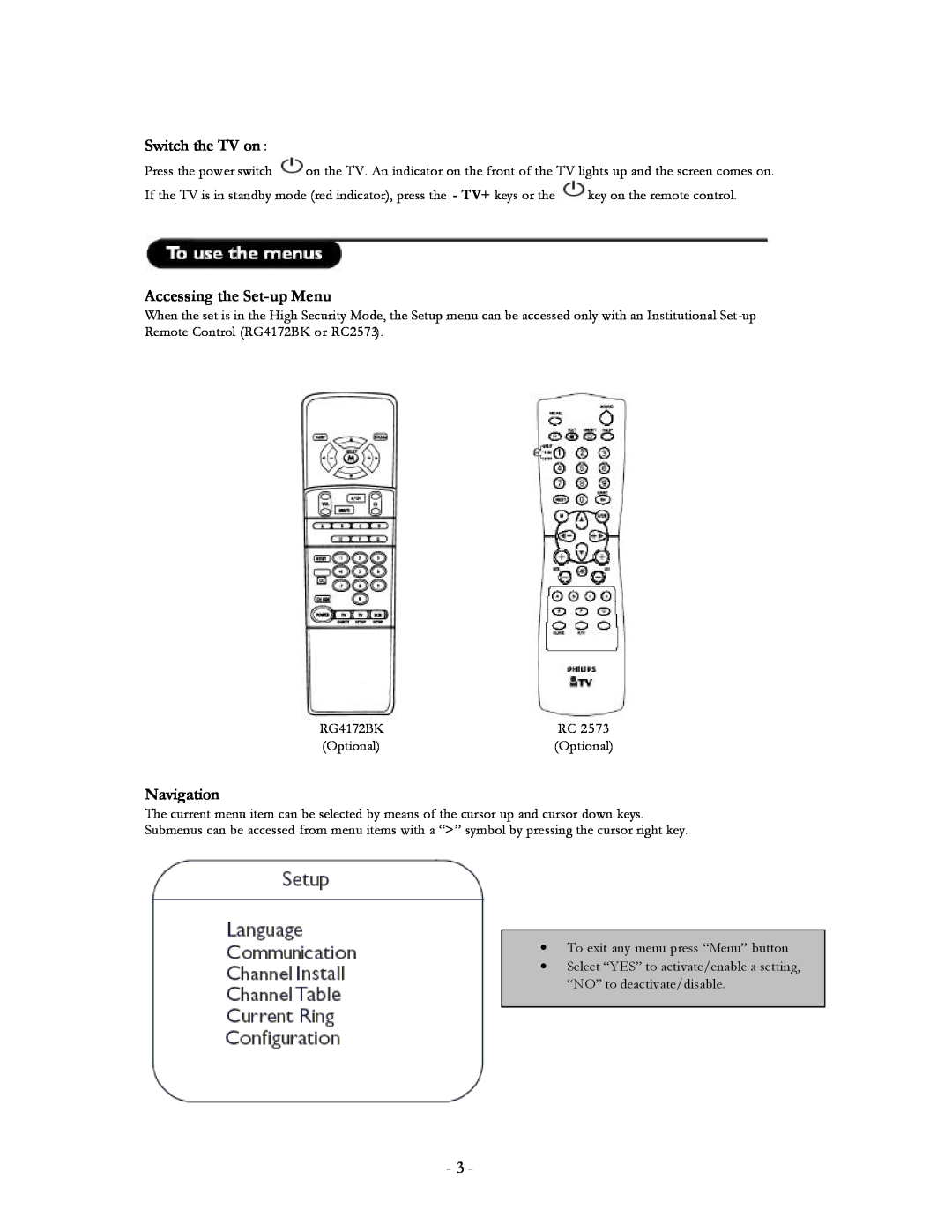 Philips 20FT3310/37 user manual Switch the TV on, Accessing the Set-up Menu, Navigation, RG4172BK 