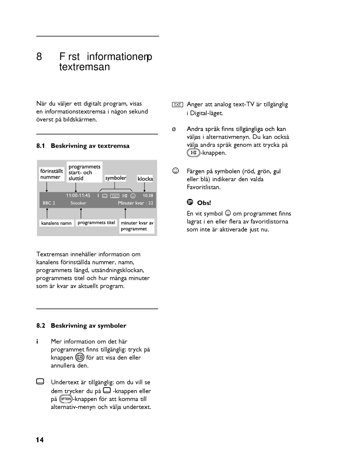 Philips 20HF5335D, 26HF5335D manual Förstå informationen på textremsan, Beskrivning av textremsa, Beskrivning av symboler 