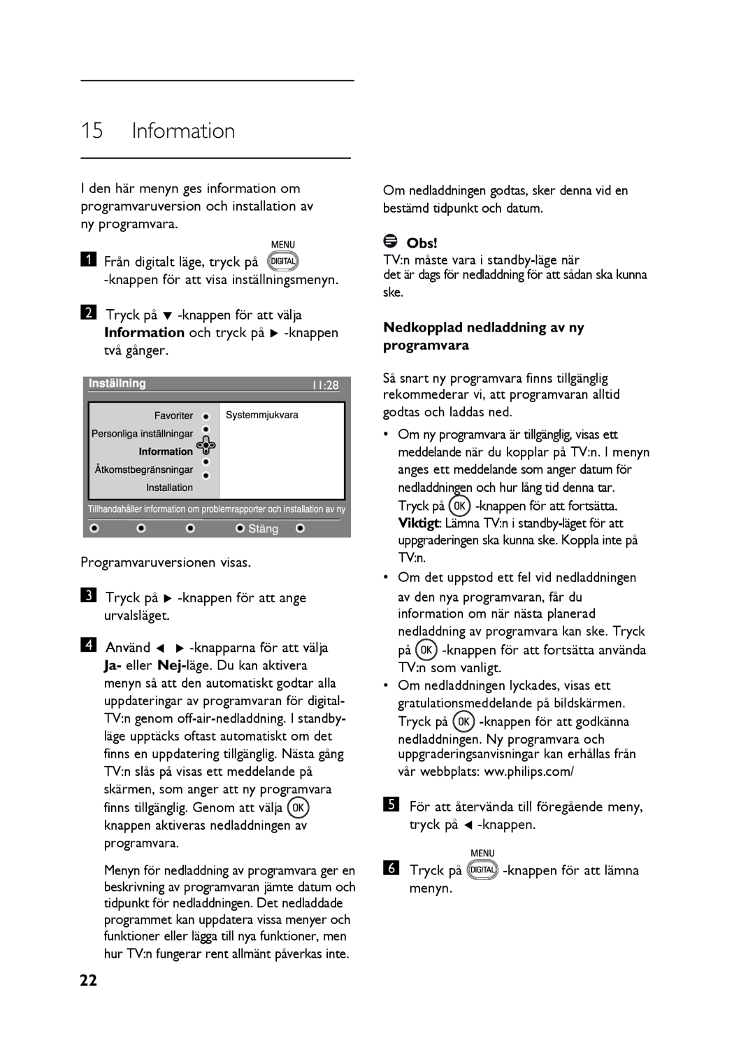 Philips 15HF5234, 20HF5335D Information, Använd Í Æ -knapparna för att välja, Nedkopplad nedladdning av ny programvara 