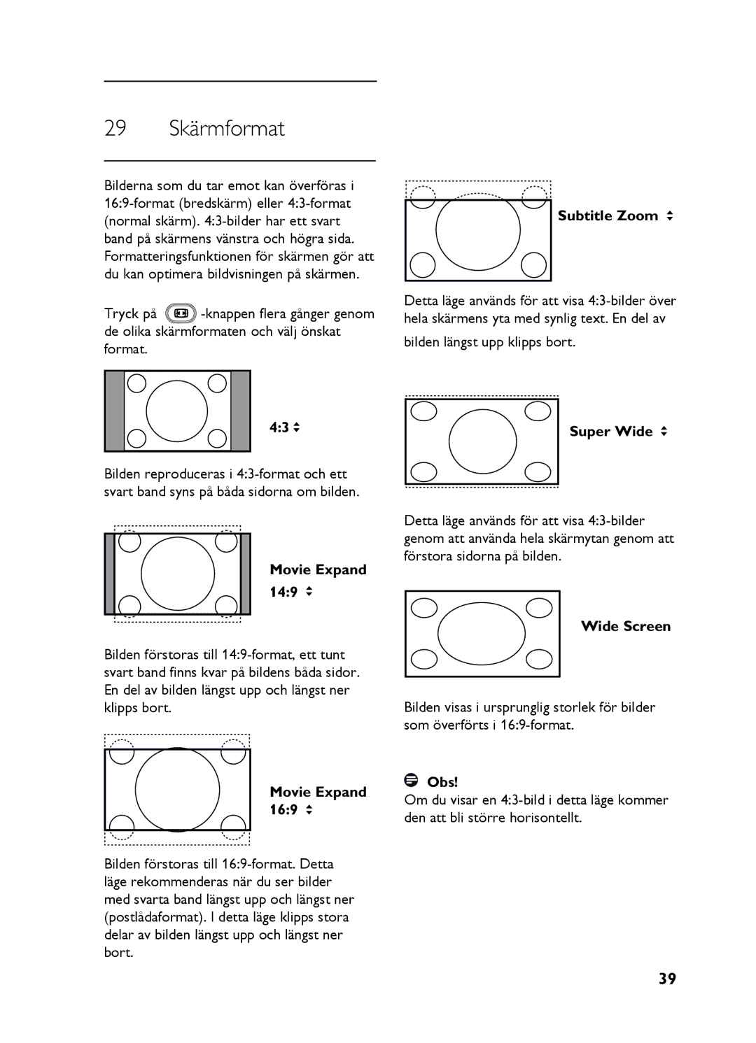 Philips 20HF5335D, 26HF5335D, 32HF5335D, 15HF5234, 20HF5234 manual 29 Skärmformat 