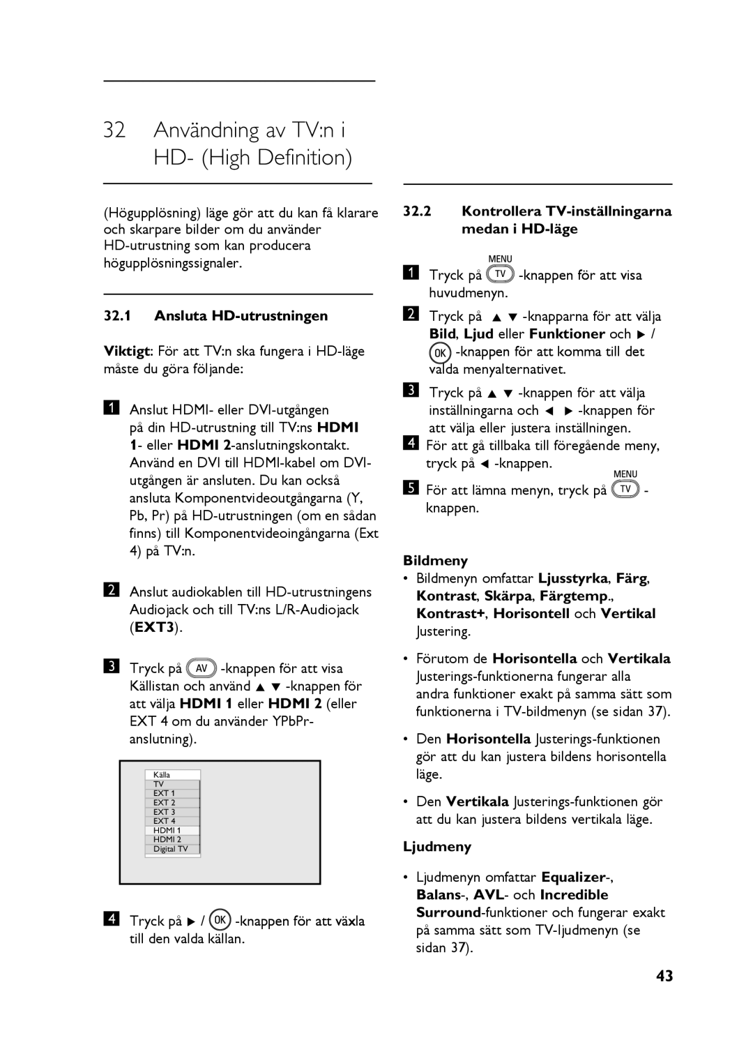 Philips 20HF5234, 20HF5335D, 26HF5335D manual 32 Användning av TVn i HD- High Definition, Ansluta HD-utrustningen, Ljudmeny 