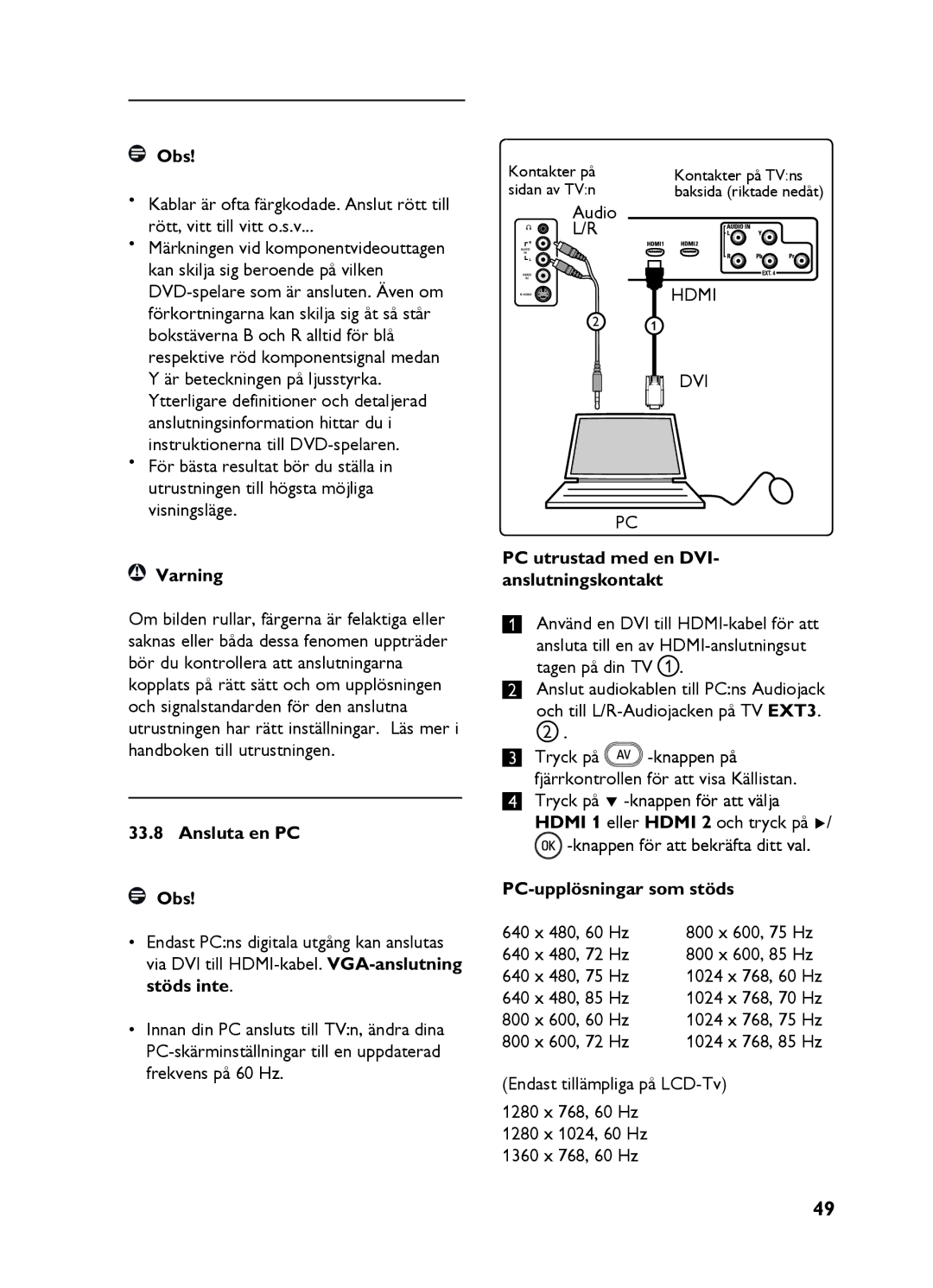 Philips 20HF5335D, 26HF5335D manual Ansluta en PC Obs, PC utrustad med en DVI- anslutningskontakt, PC-upplösningar som stöds 