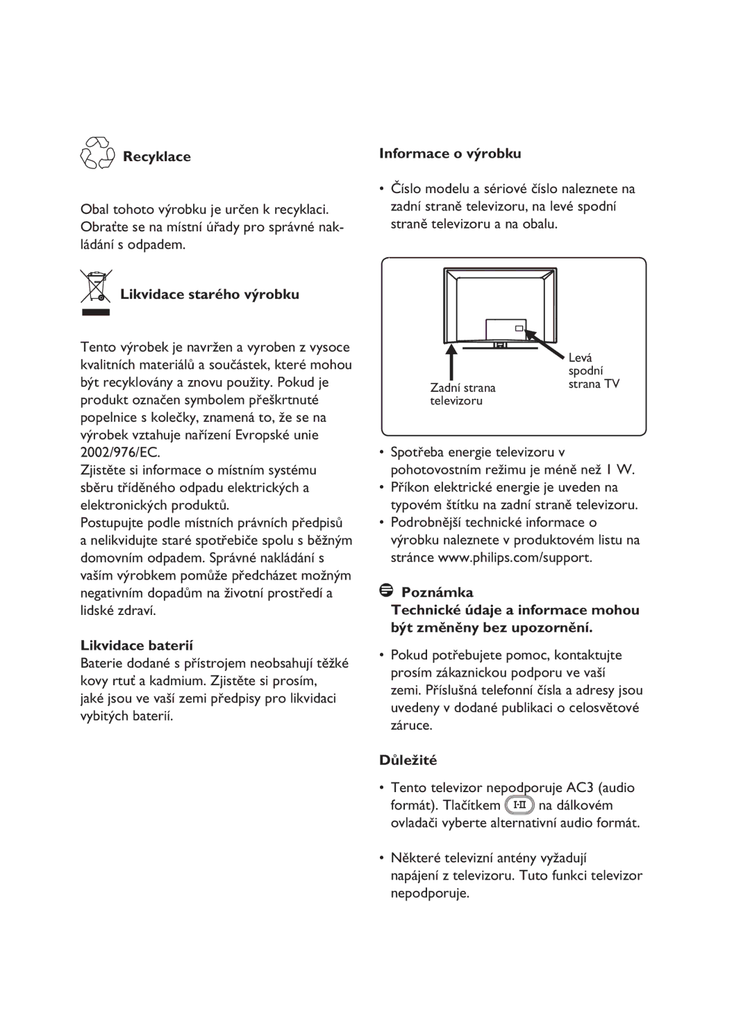 Philips 26HF5335D, 20HF5335D manual Recyklace, Likvidace starého výrobku, Likvidace baterií, Informace o výrobku, Důležité 