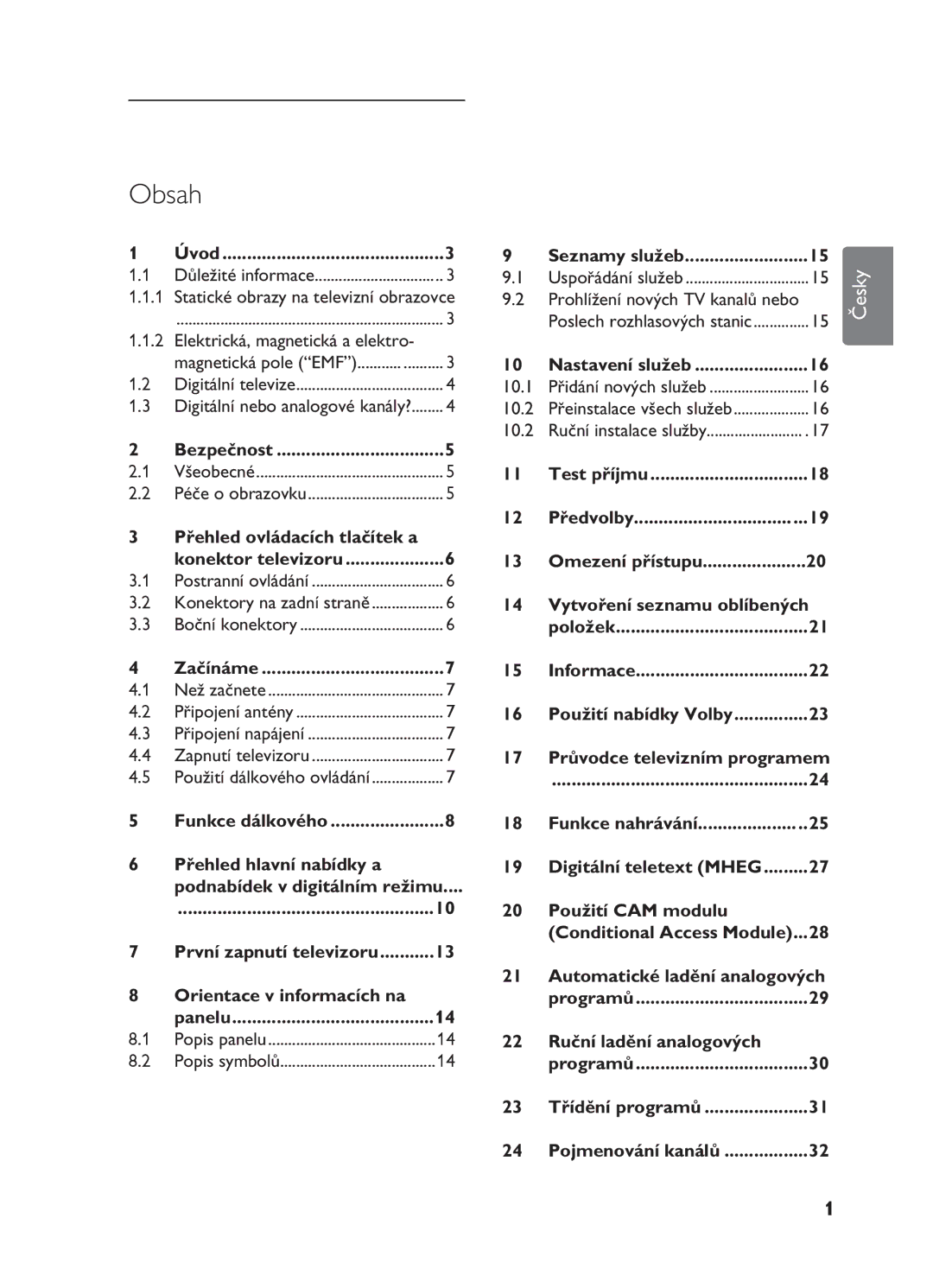 Philips 20HF5335D Úvod, Bezpečnost, Přehled ovládacích tlačítek a Konektor televizoru, Začínáme, Seznamy služeb, 10.1 