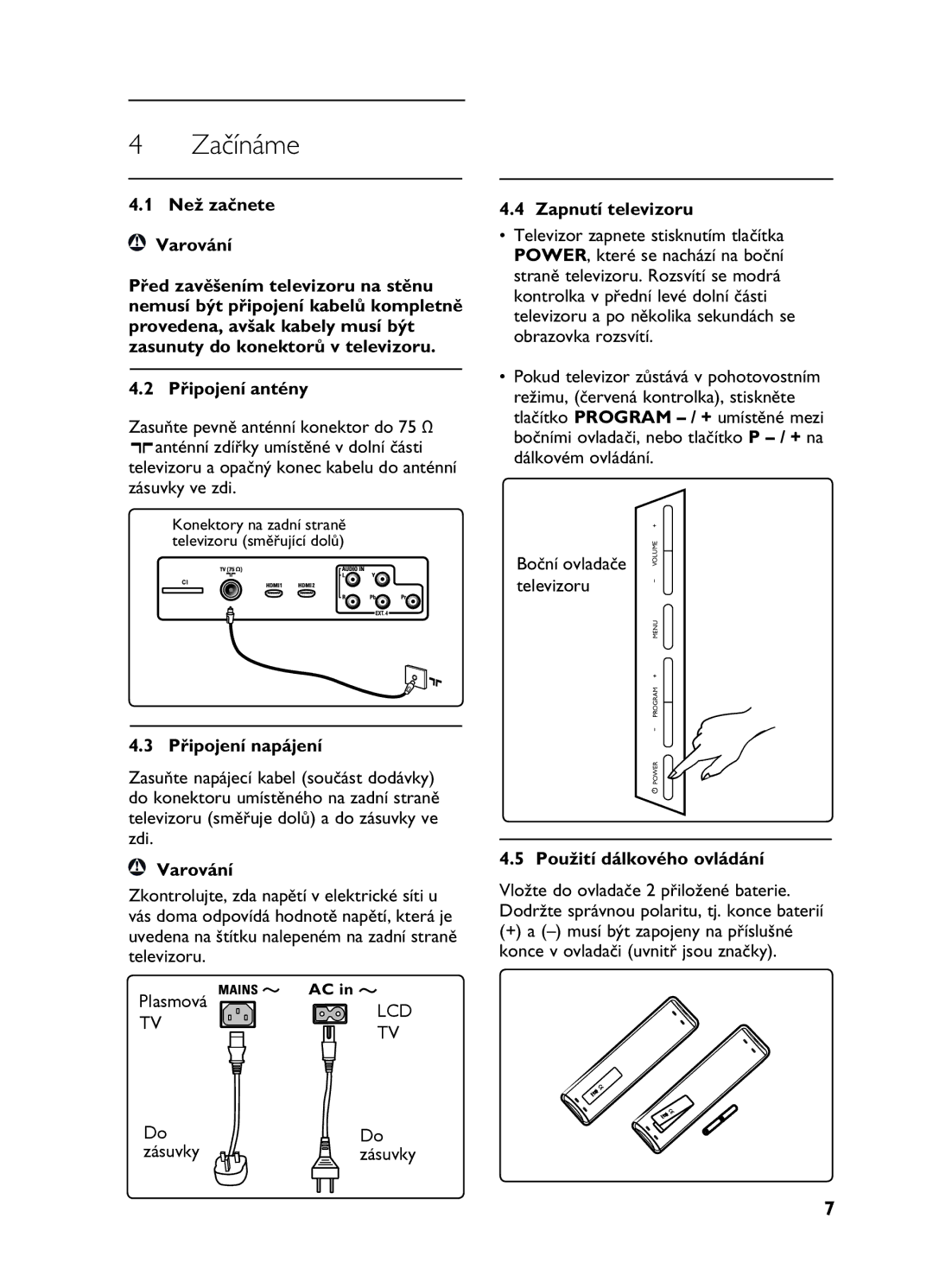 Philips 20HF5335D, 26HF5335D manual Začínáme, Připojení napájení, Varování, Zapnutí televizoru, Použití dálkového ovládání 