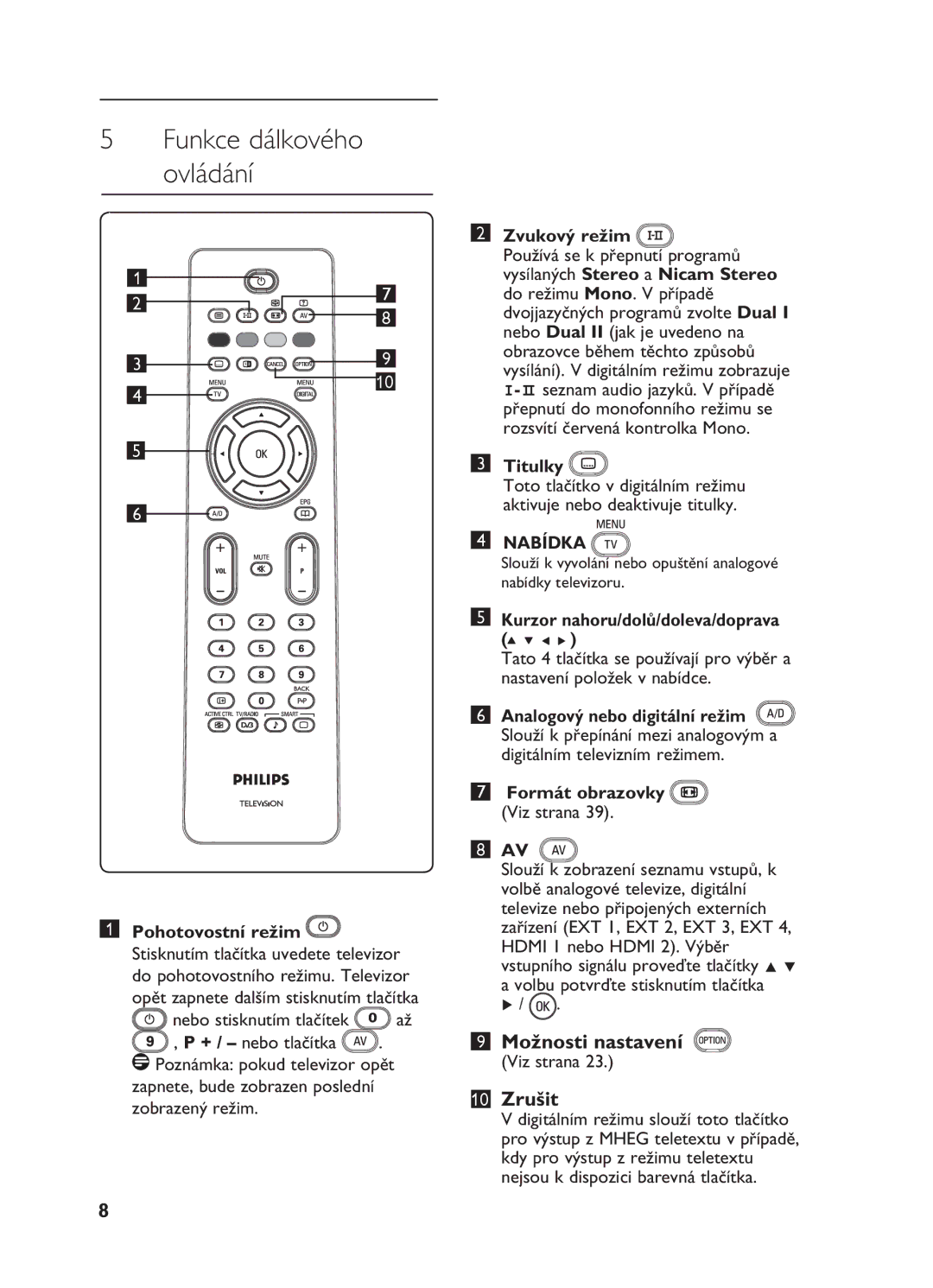 Philips 26HF5335D Funkce dálkového ovládání, Zvukový režim, Titulky, Kurzor nahoru/dolů/doleva/doprava, Formát obrazovky 