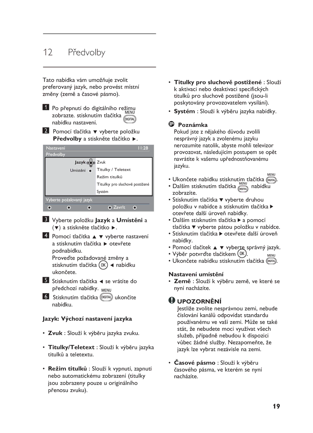 Philips 20HF5335D, 26HF5335D manual 12 Předvolby, Jazyk Výchozí nastavení jazyka, Nastavení umístění 