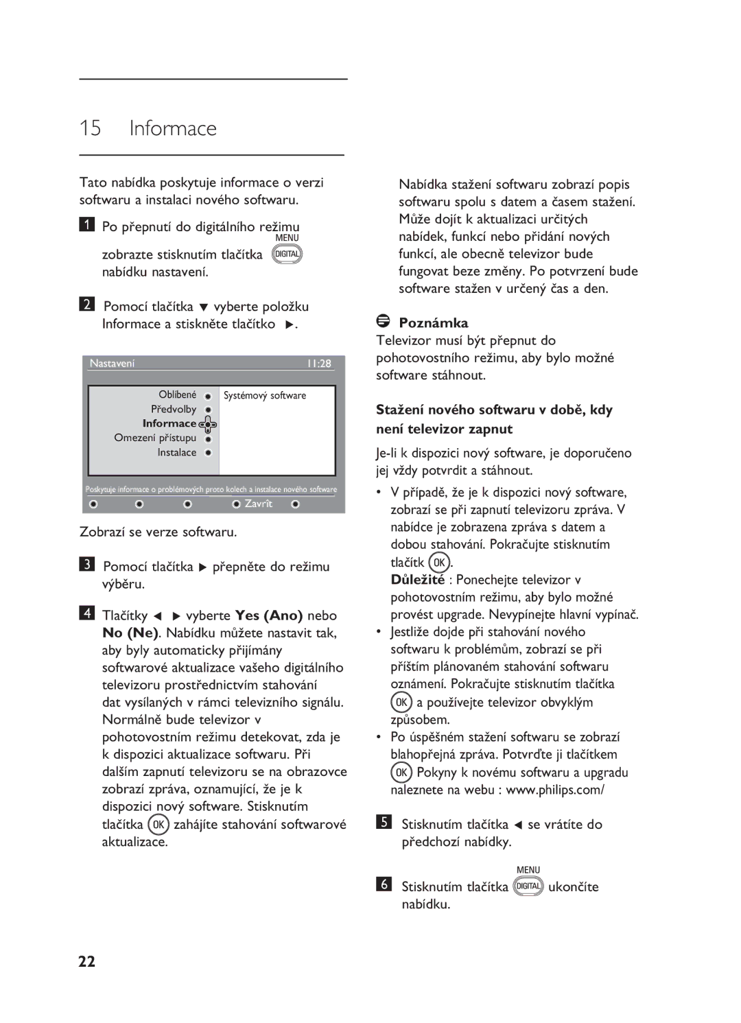 Philips 26HF5335D, 20HF5335D manual Informace, Tlačítka zahájíte stahování softwarové aktualizace 