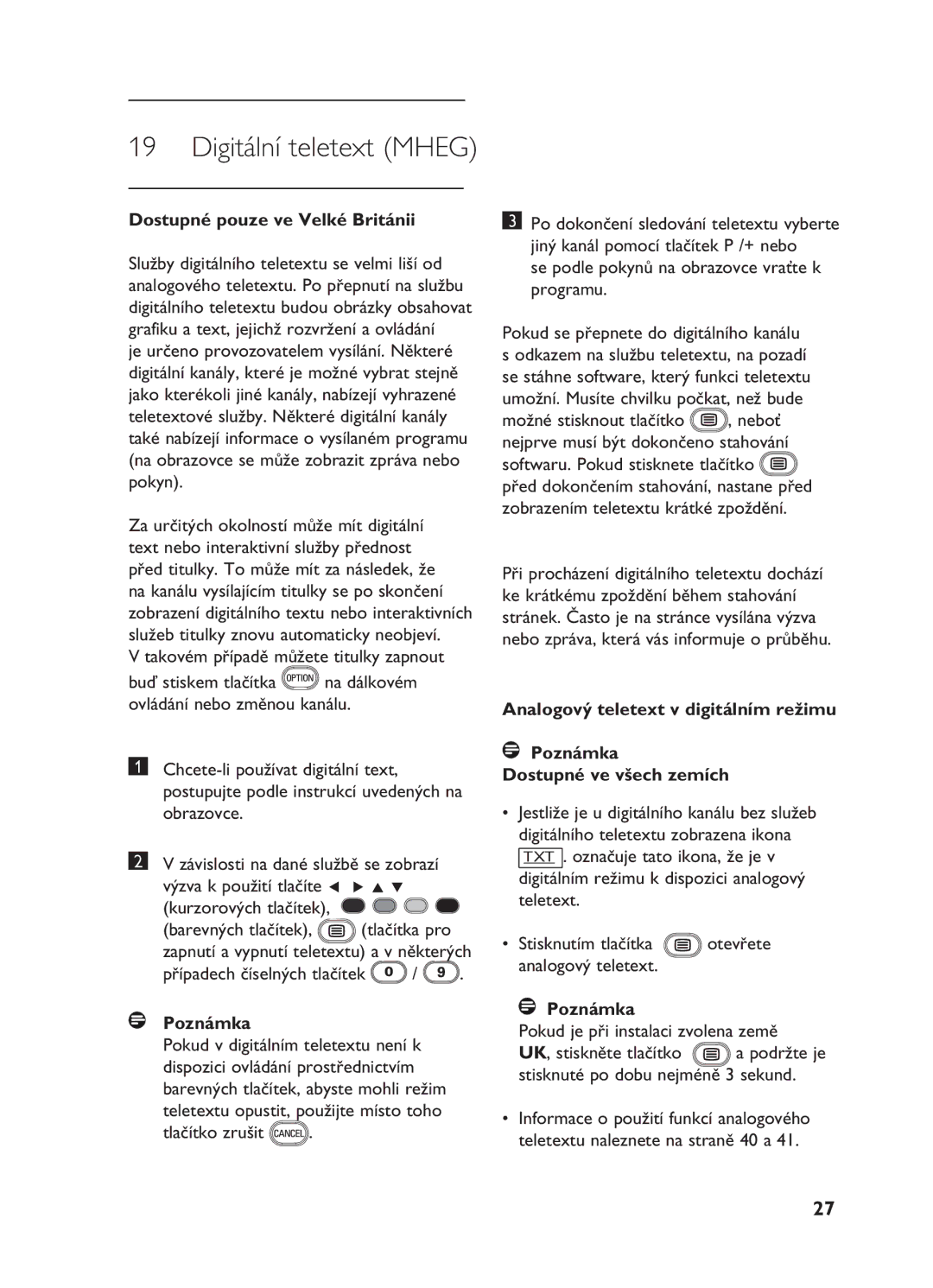 Philips 20HF5335D, 26HF5335D manual Digitální teletext Mheg, Dostupné pouze ve Velké Británii 