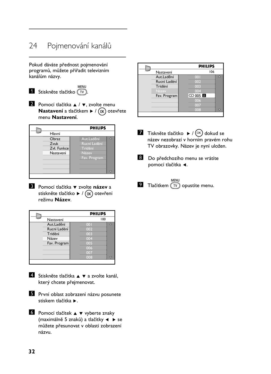 Philips 26HF5335D, 20HF5335D manual Pojmenování kanálů 