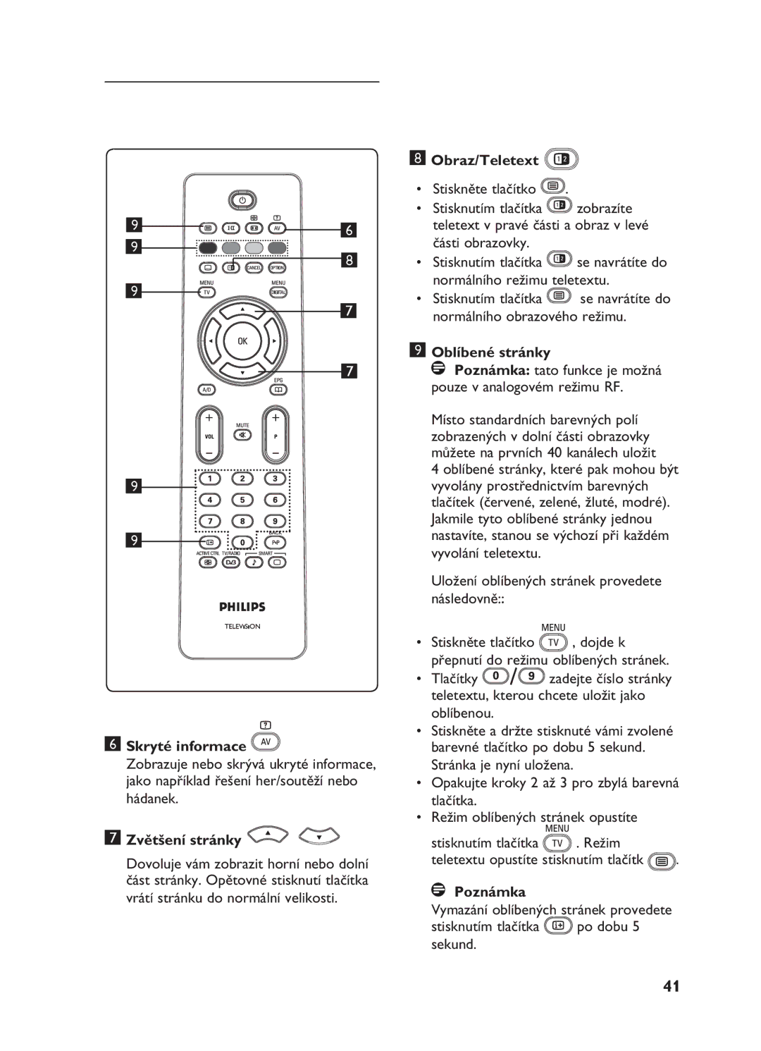 Philips 20HF5335D, 26HF5335D manual Skryté informace, Zvětšení stránky, Obraz/Teletext, Oblíbené stránky 