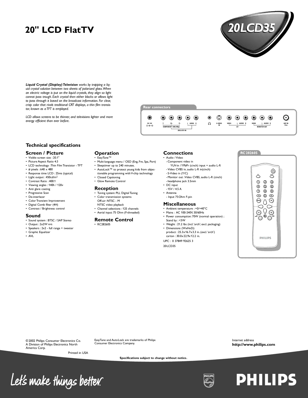 Philips 20LCD35 manual Technical specifications, Screen / Picture, Sound, Operation, Reception, Remote Control, Connections 