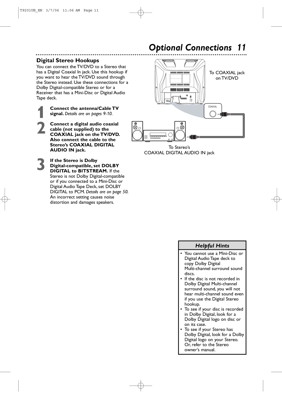 Philips 20MC4206 quick start Optional Connections, Digital Stereo Hookups, To Coaxial jack On TV/DVD 