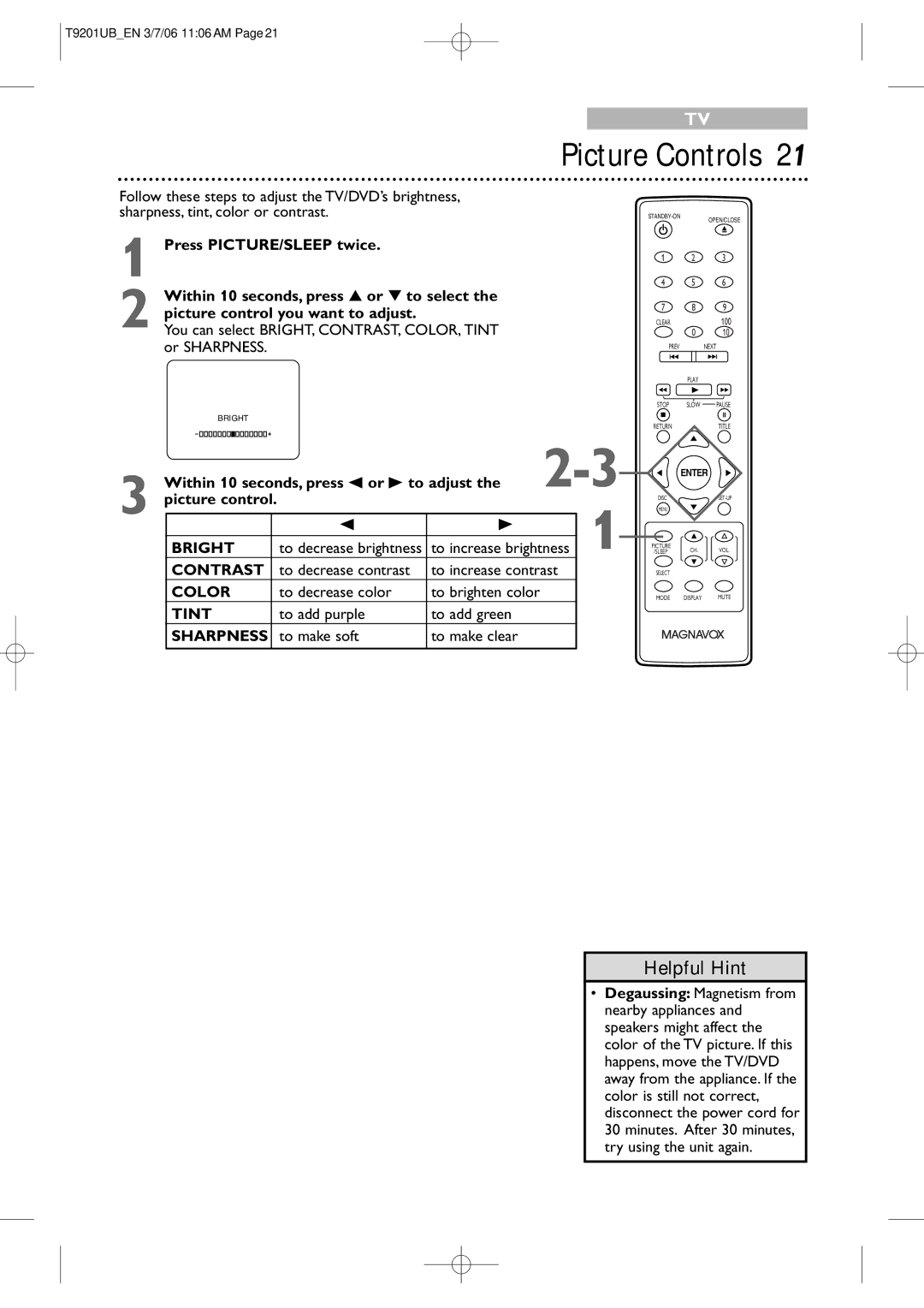 Philips 20MC4206 quick start Picture Controls, Within 10 seconds, press s or B to adjust Picture control 