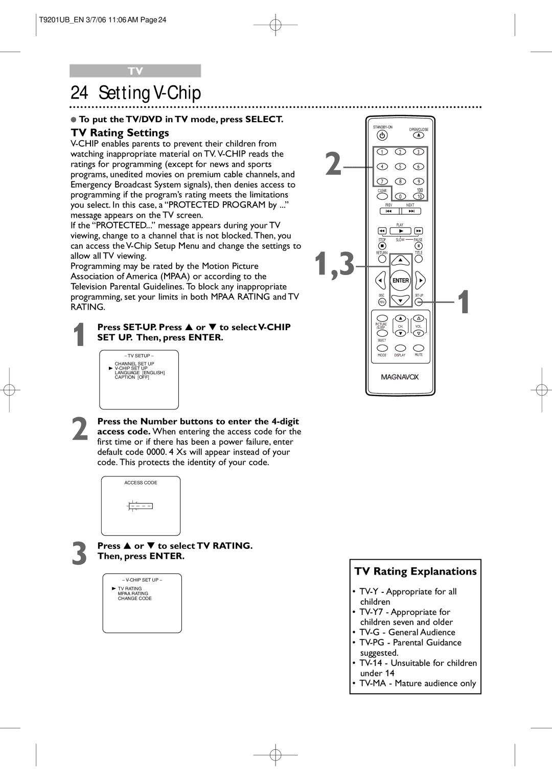 Philips 20MC4206 quick start Setting V-Chip, TV Rating Settings, TV Rating Explanations, TV-Y Appropriate for all children 