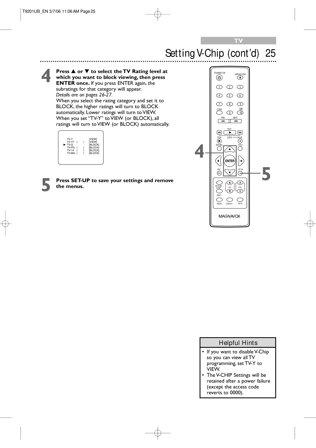 Philips 20MC4206 quick start Setting V-Chip cont’d, Details are on pages 