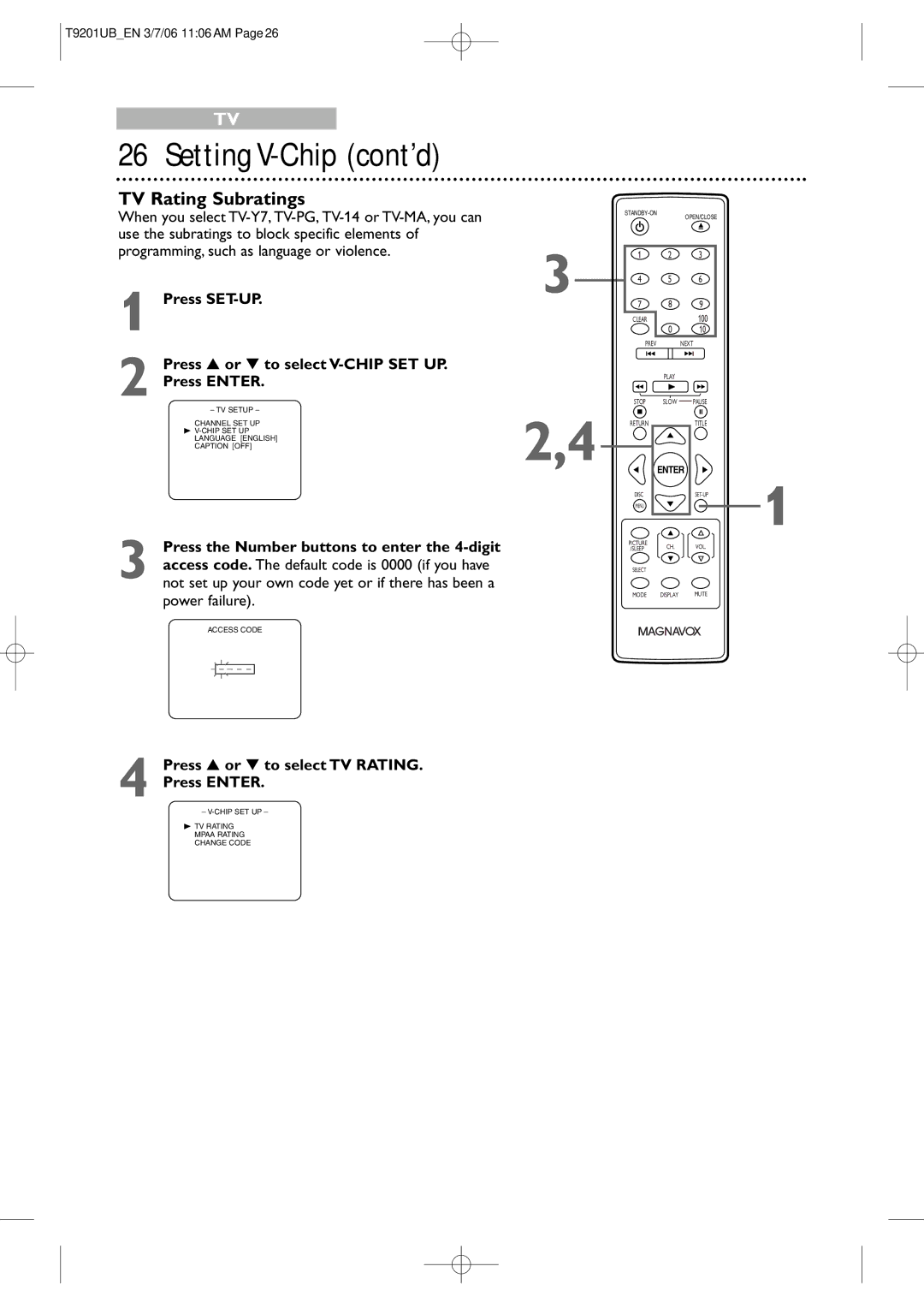 Philips 20MC4206 quick start TV Rating Subratings, Press SET-UP, Press or to select V-CHIP SET UP Press Enter 