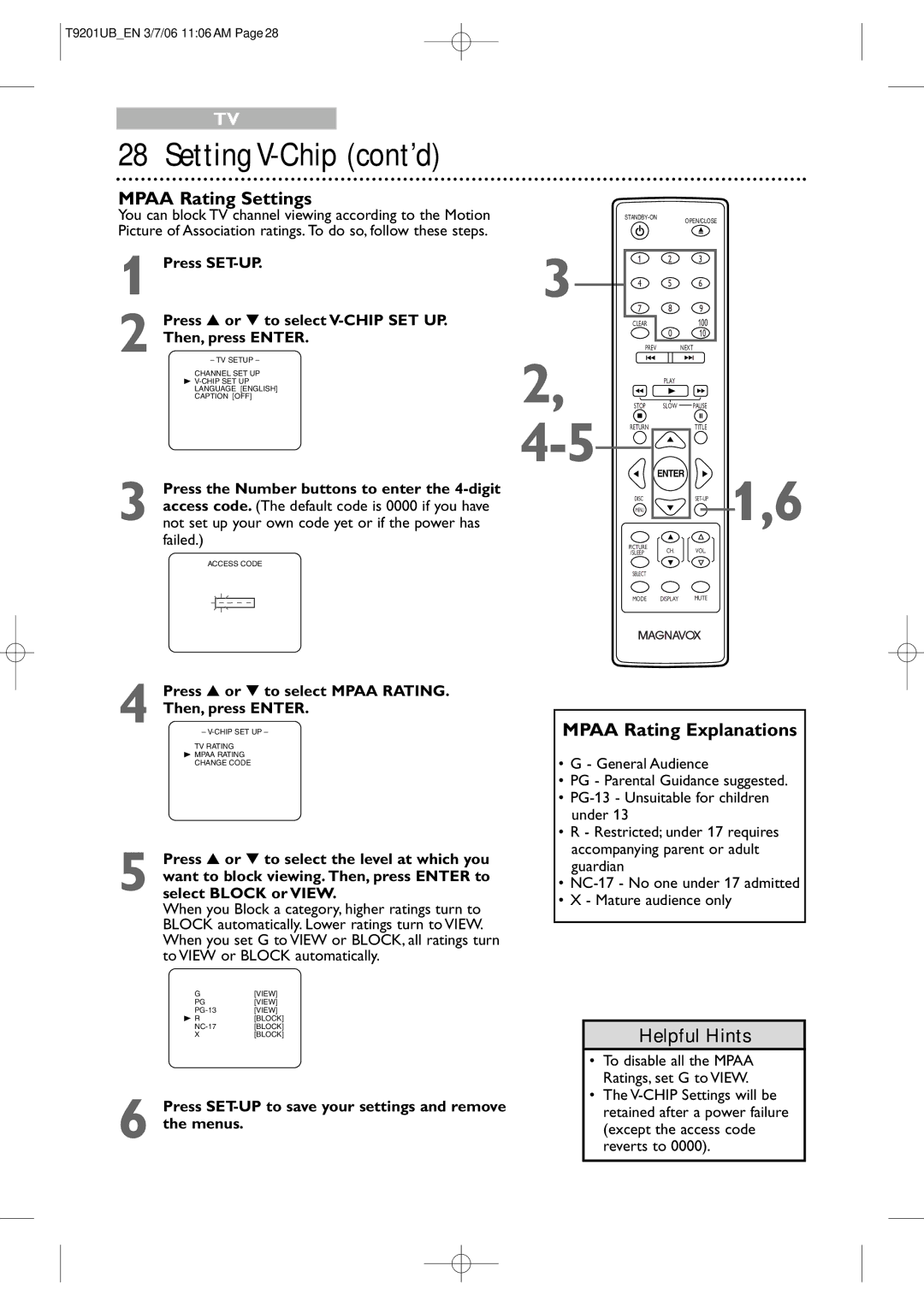 Philips 20MC4206 quick start Mpaa Rating Settings, Mpaa Rating Explanations 