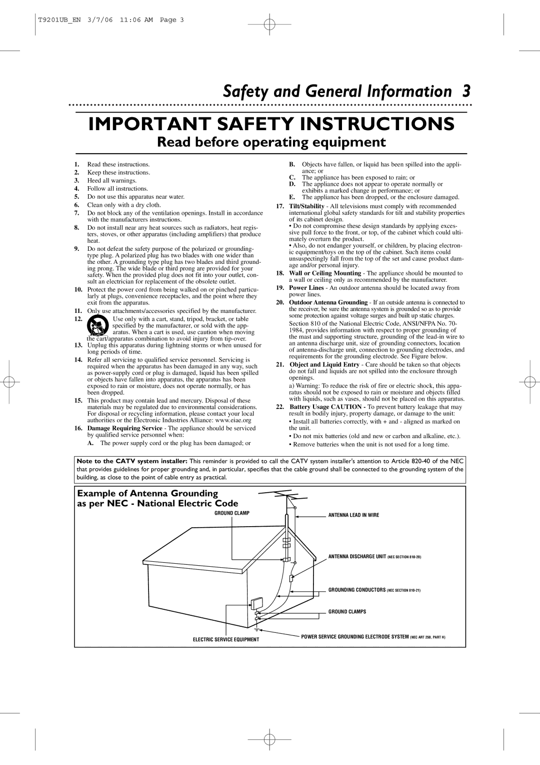 Philips 20MC4206 quick start Important Safety Instructions, Safety and General Information 