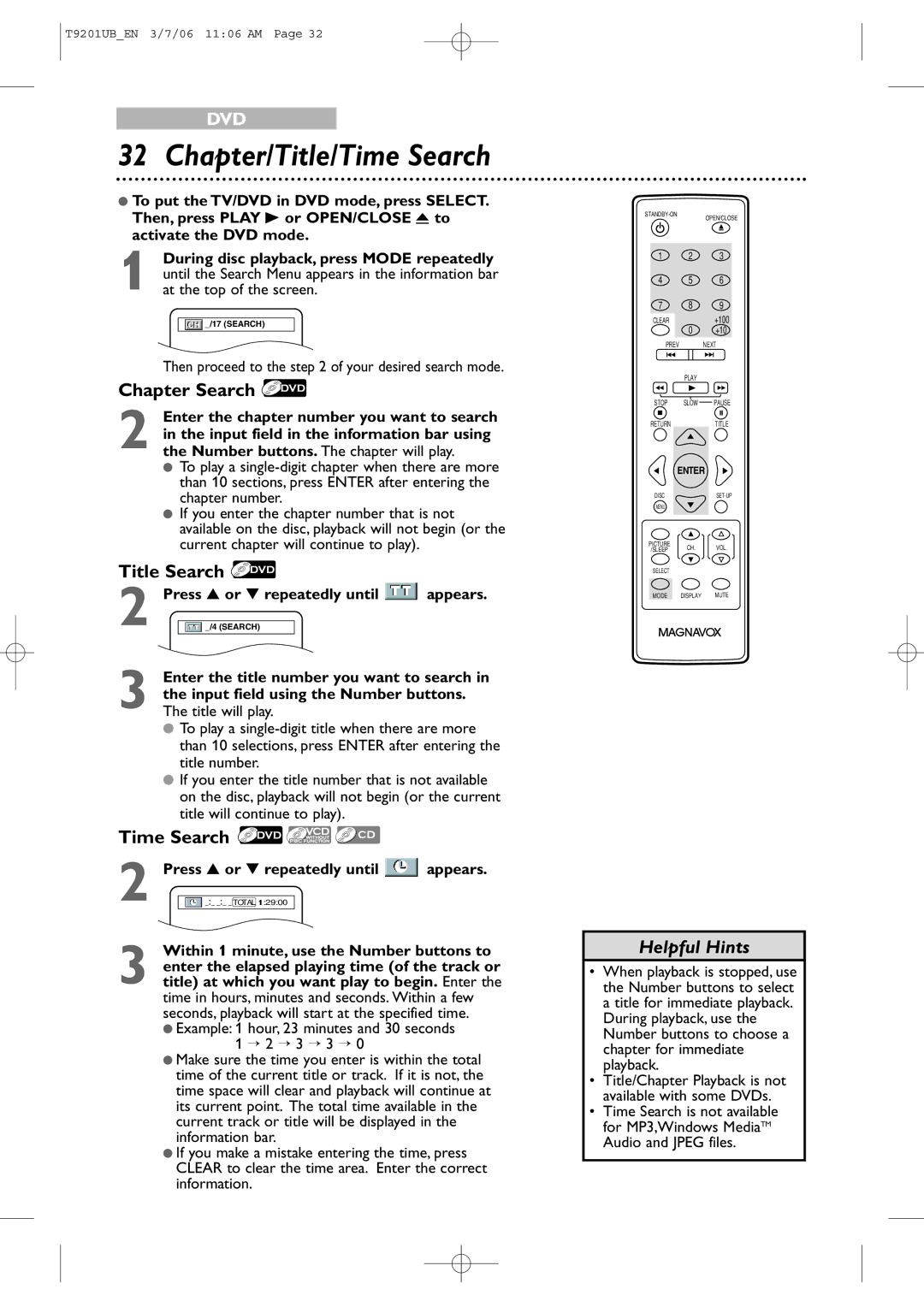 Philips 20MC4206 quick start Chapter/Title/Time Search, Chapter Search, Title Search 