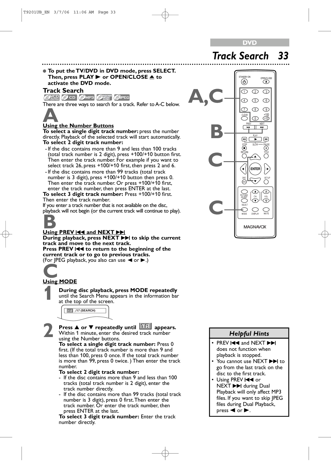 Philips 20MC4206 quick start Track Search, Using the Number Buttons, To select 2 digit track number 