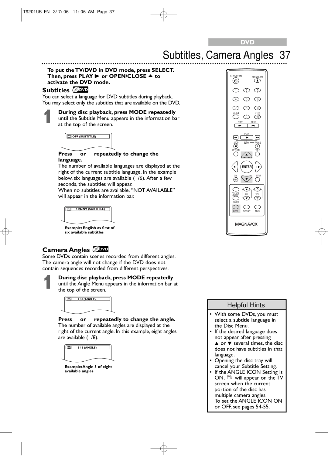 Philips 20MC4206 quick start Subtitles, Camera Angles, Press or repeatedly to change the language 