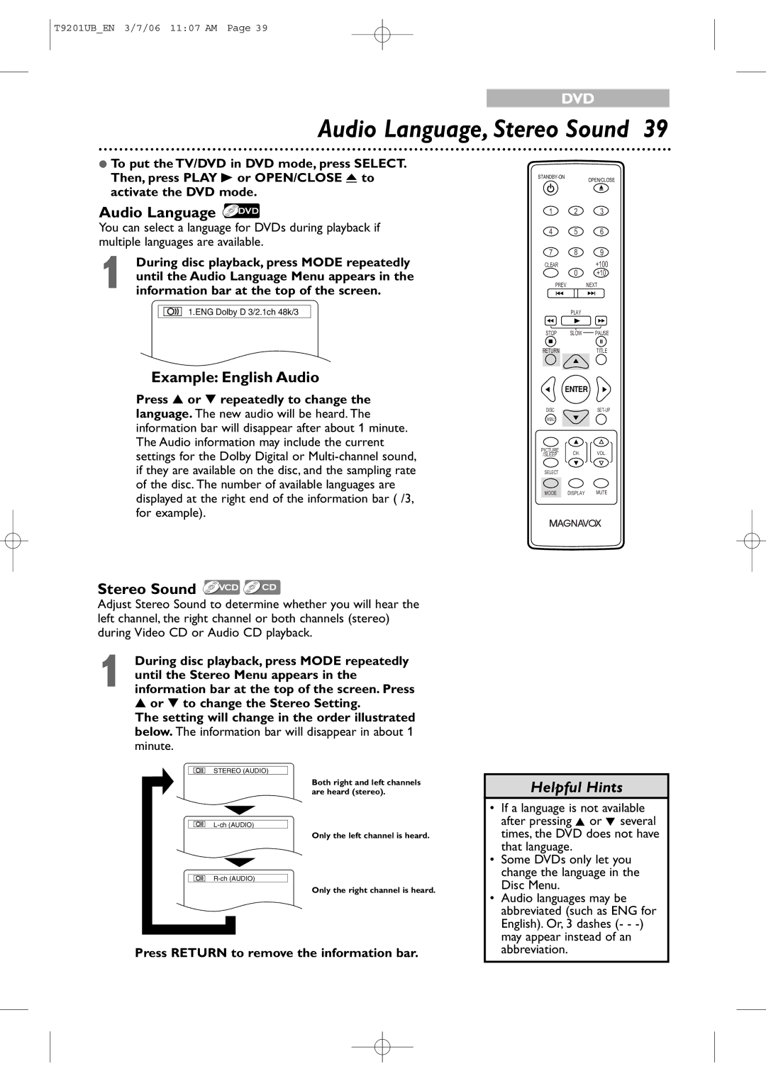 Philips 20MC4206 Audio Language, Stereo Sound, Example English Audio, Press Return to remove the information bar 