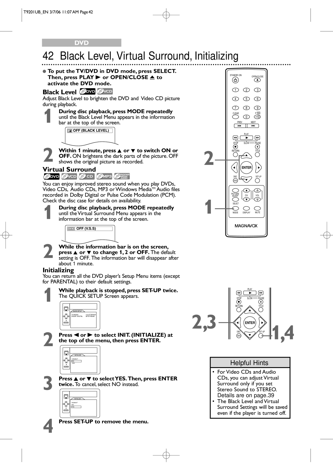 Philips 20MC4206 quick start Black Level, Virtual Surround, Initializing, Press SET-UP to remove the menu 