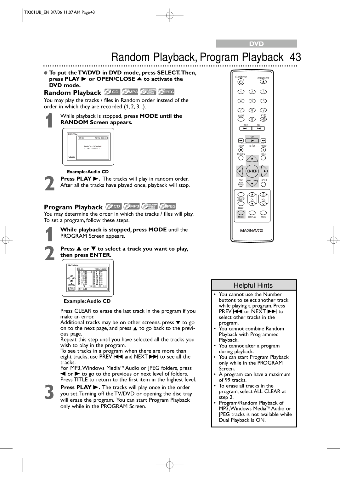 Philips 20MC4206 quick start Random Playback, Program Playback, Random Screen appears 