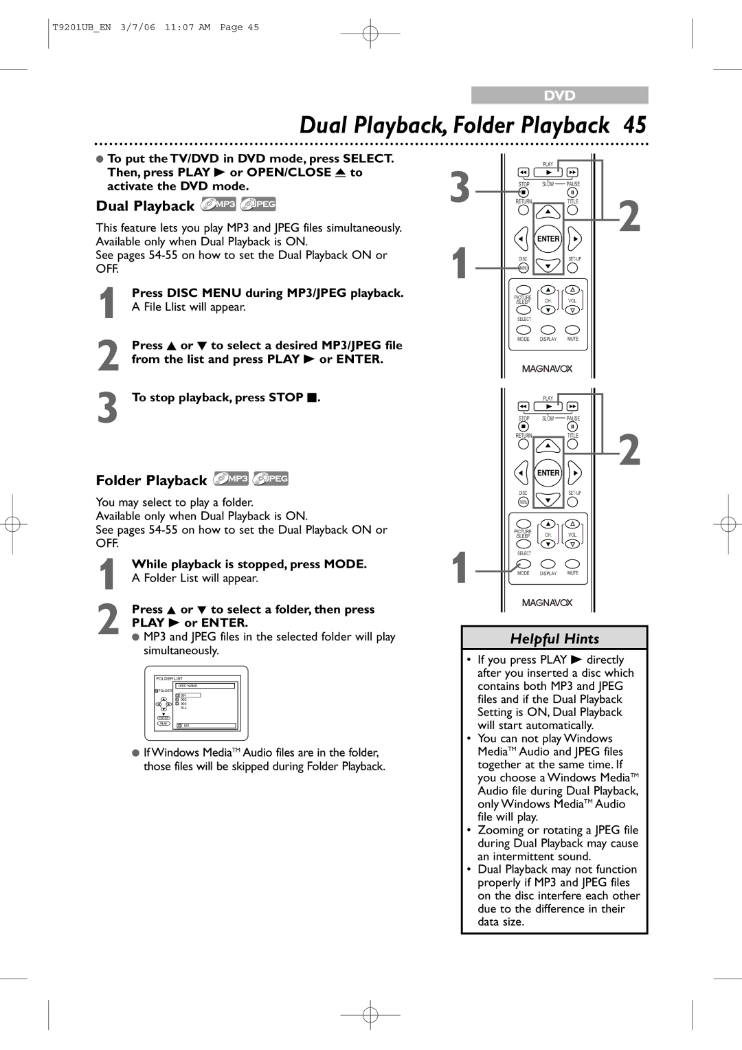 Philips 20MC4206 quick start Dual Playback, Folder Playback, See pages 54-55 on how to set the Dual Playback on or OFF 