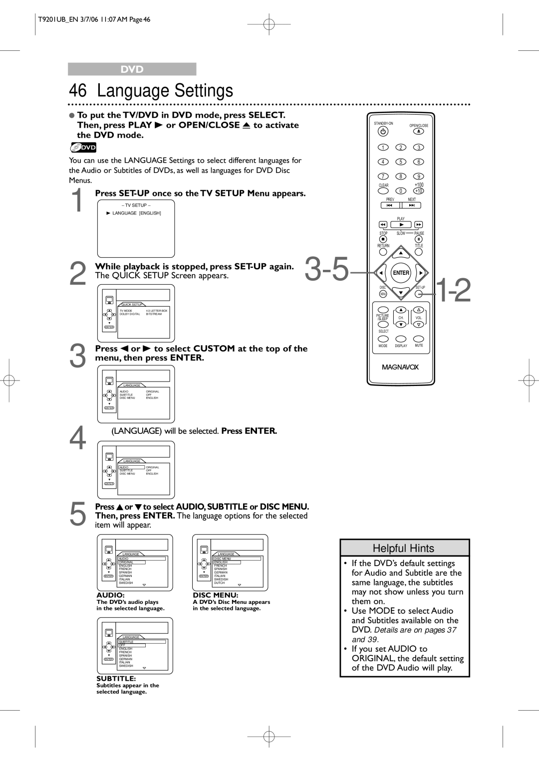 Philips 20MC4206 quick start Language Settings, Quick Setup Screen appears 