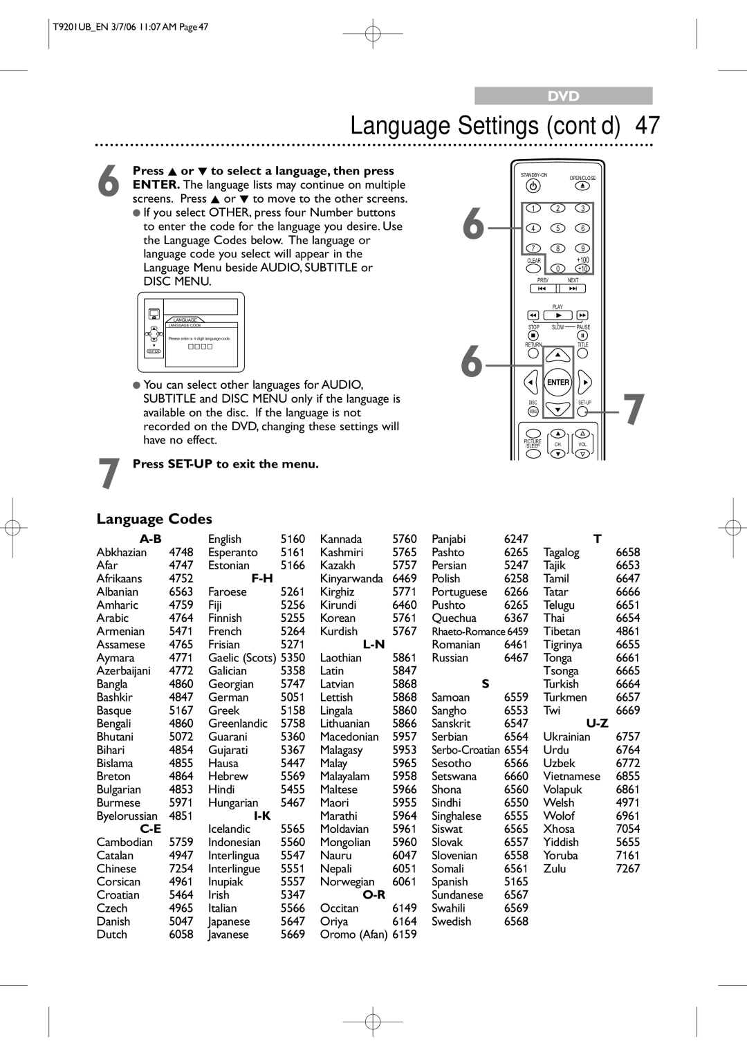 Philips 20MC4206 quick start Language Settings cont’d, Language Codes 