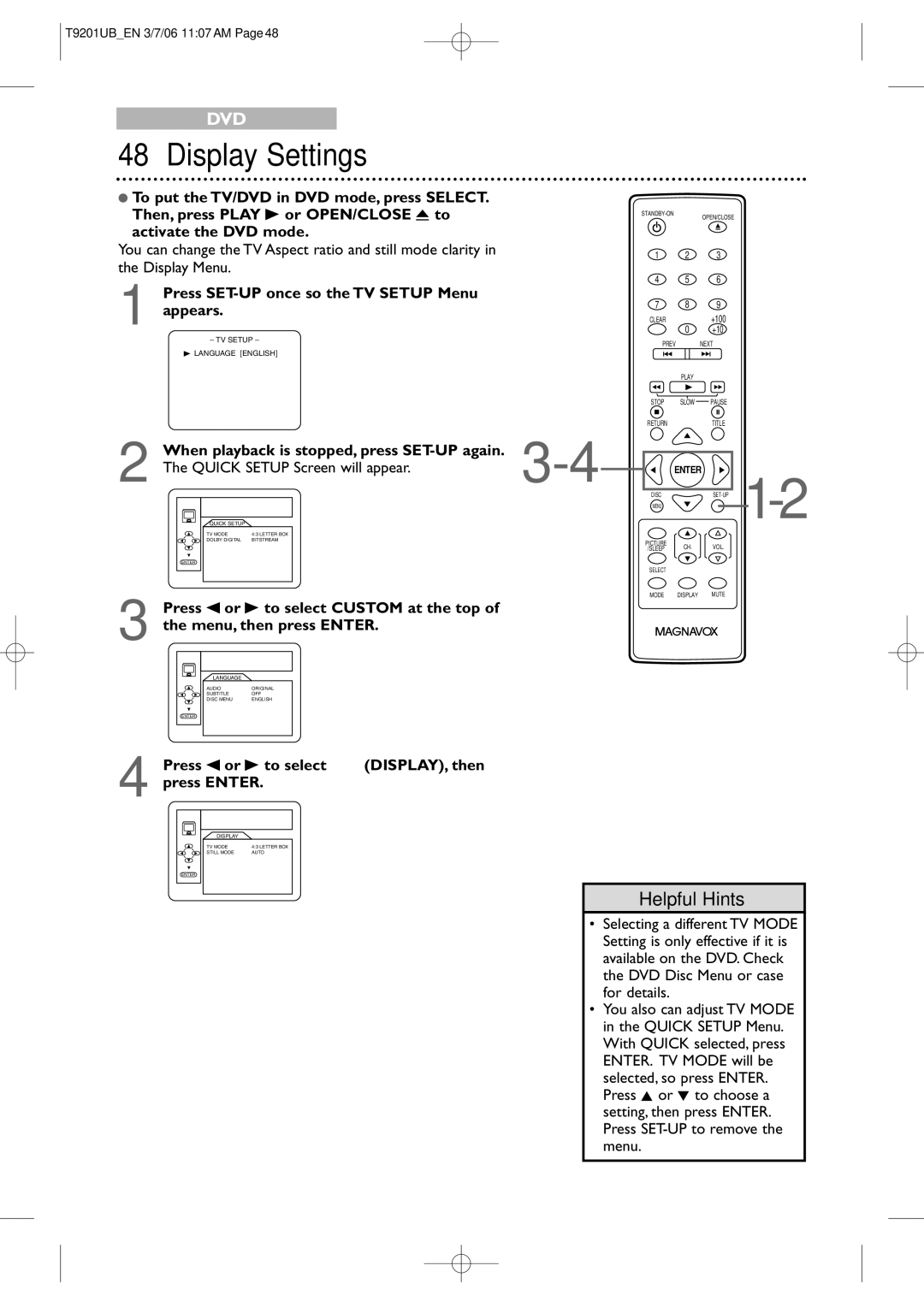 Philips 20MC4206 Display Settings, Press SET-UP once so the TV Setup Menu appears, Quick Setup Screen will appear 