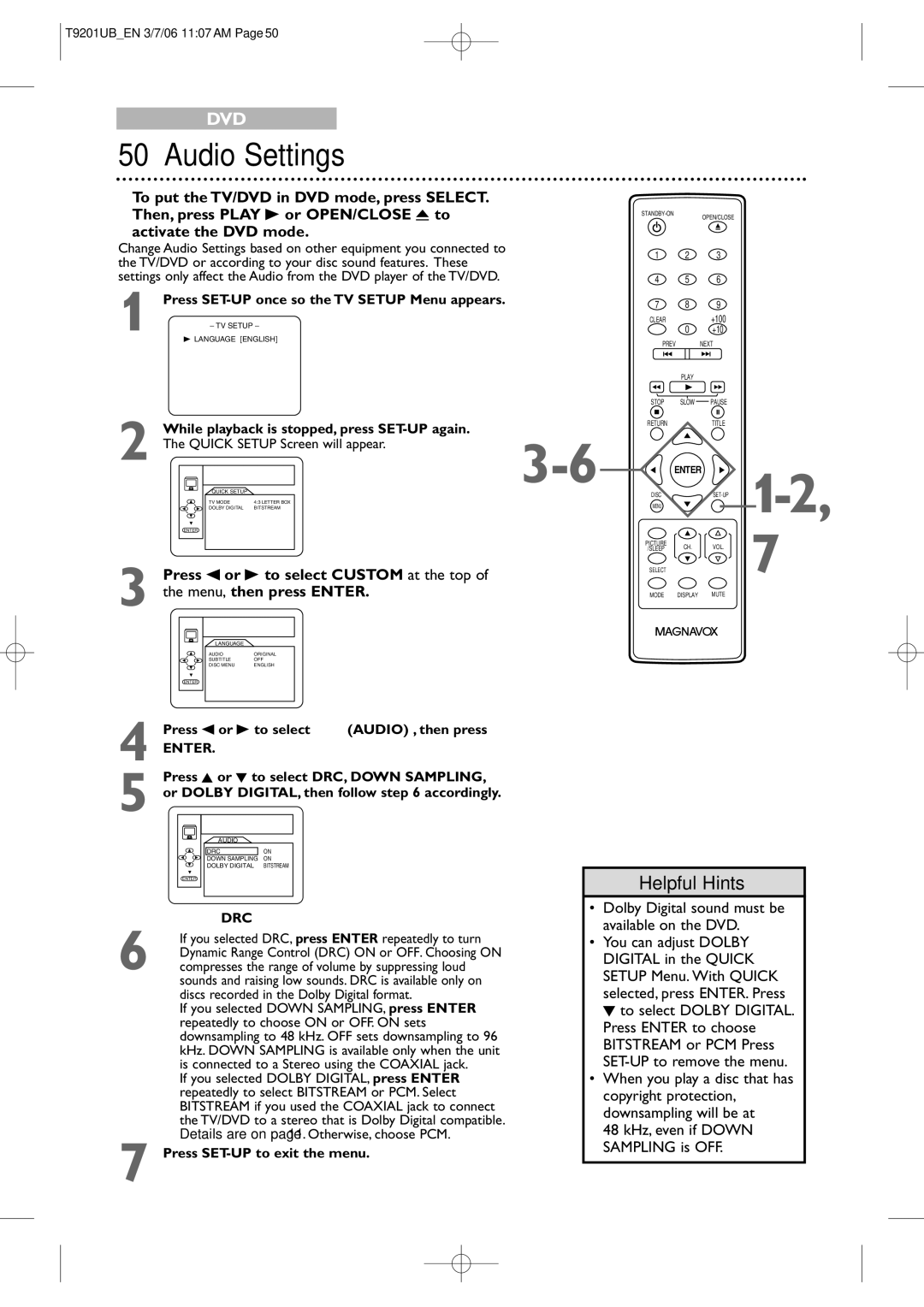 Philips 20MC4206 quick start Audio Settings, Press s or B to select Custom at the top, Menu, then press Enter 