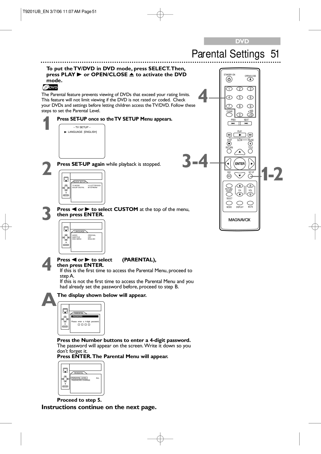 Philips 20MC4206 quick start Parental Settings, Press s or B to select Parental, Then press Enter, Proceed to step 