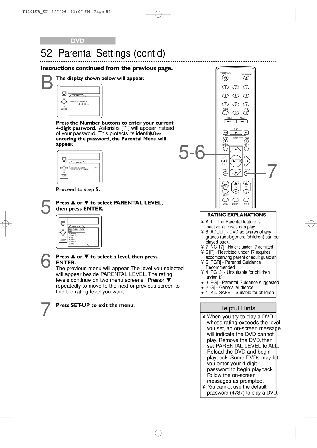 Philips 20MC4206 quick start Display shown below will appear, Press or to select a level, then press 