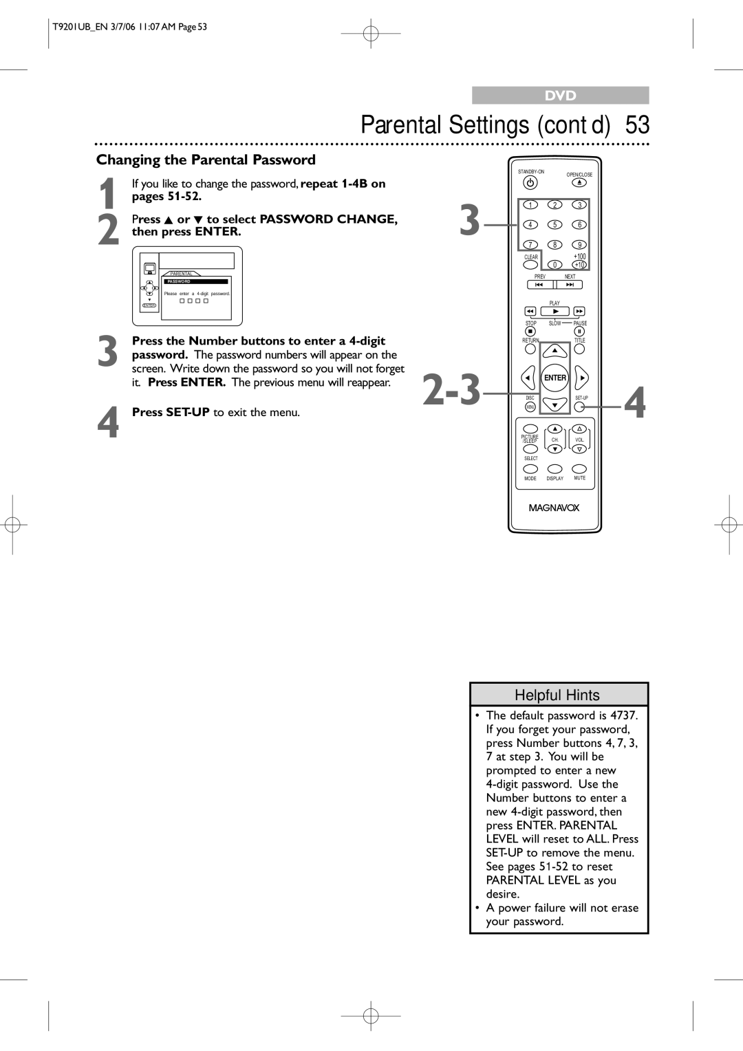 Philips 20MC4206 Parental Settings cont’d, Changing the Parental Password, Press the Number buttons to enter a 4-digit 