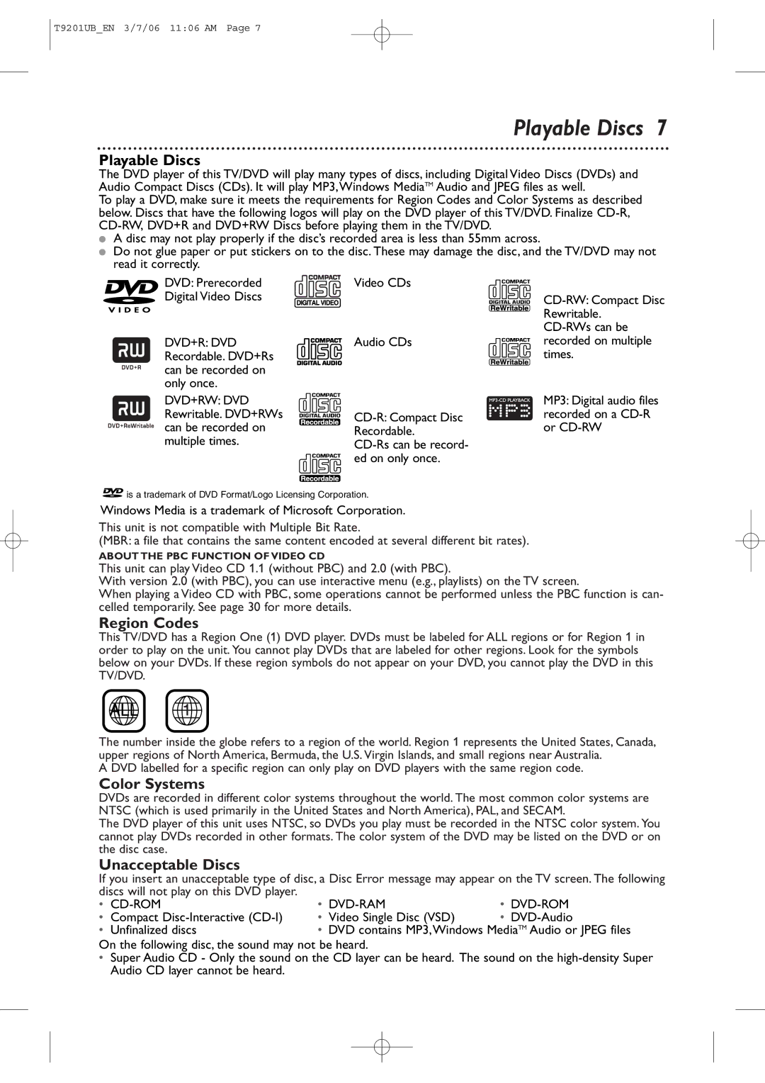 Philips 20MC4206 quick start Playable Discs, Region Codes, Color Systems, Unacceptable Discs 