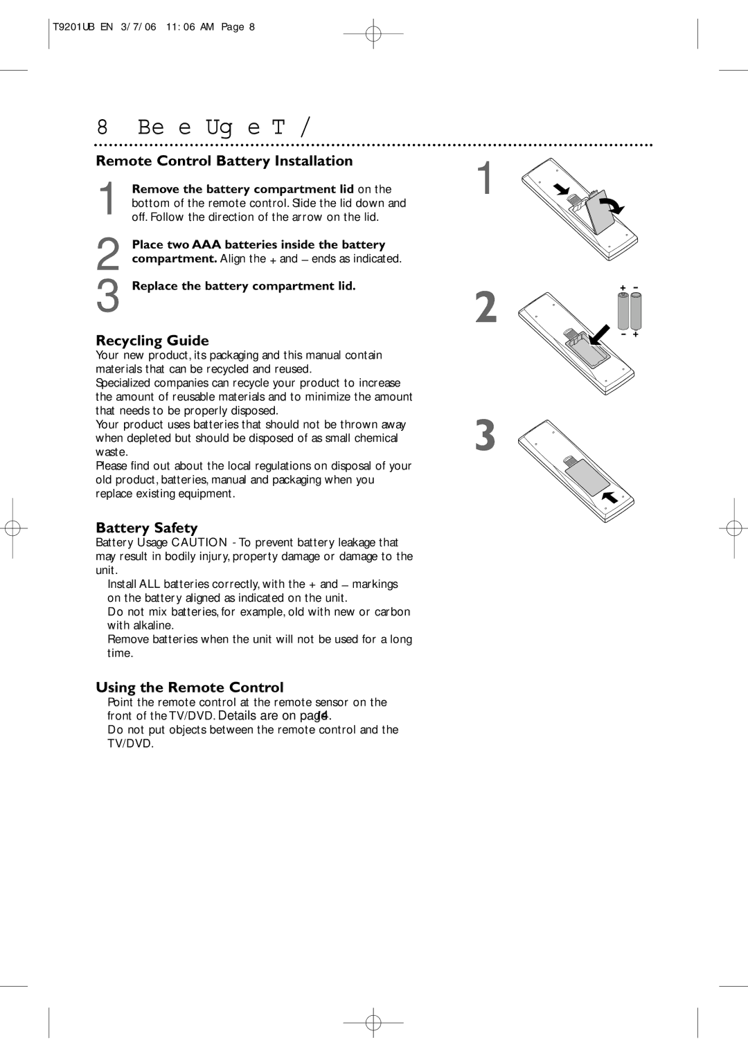 Philips 20MC4206 quick start Before Using the TV/DVD, Remote Control Battery Installation, Recycling Guide, Battery Safety 