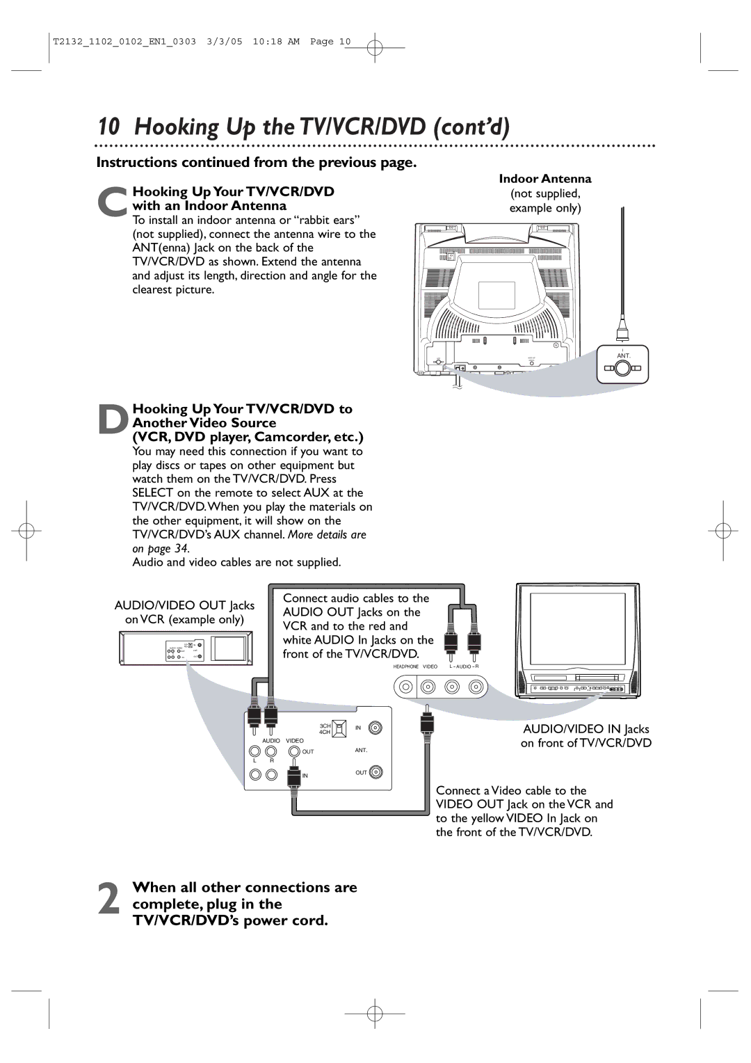 Philips 19MDTR20, 20MC4304, 27MDTR20, T2132 Hooking Up the TV/VCR/DVD cont’d, Instructions from the previous, Indoor Antenna 