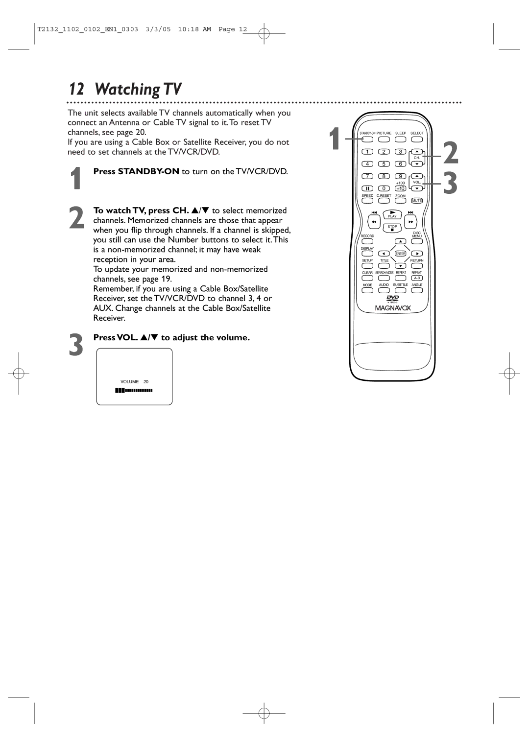 Philips 20MC4304, 27MDTR20, 19MDTR20, T2132 user manual Watching TV, Press VOL. / to adjust the volume 