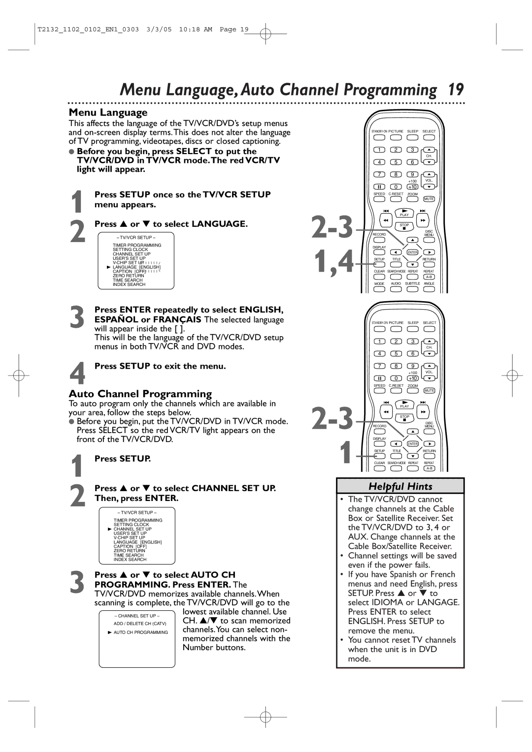 Philips T2132, 20MC4304, 27MDTR20, 19MDTR20 user manual Menu Language, Auto Channel Programming 